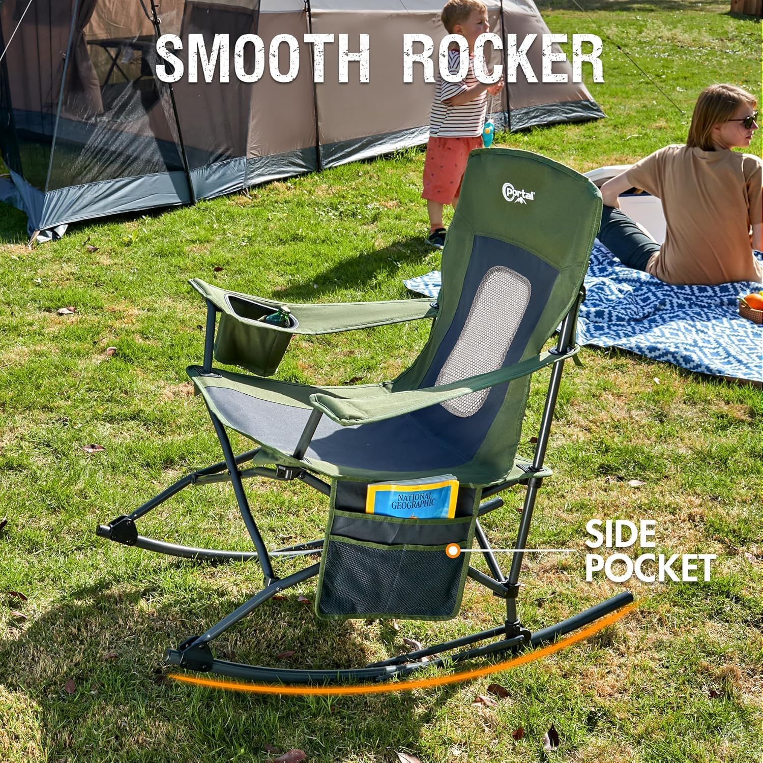 Portal Outdoor Rocking Chair Camping Folding Portable Rocker with Cup Holder Side Pocket Carry Bag, Support 350LBS (Mesh Green), 2 Pack