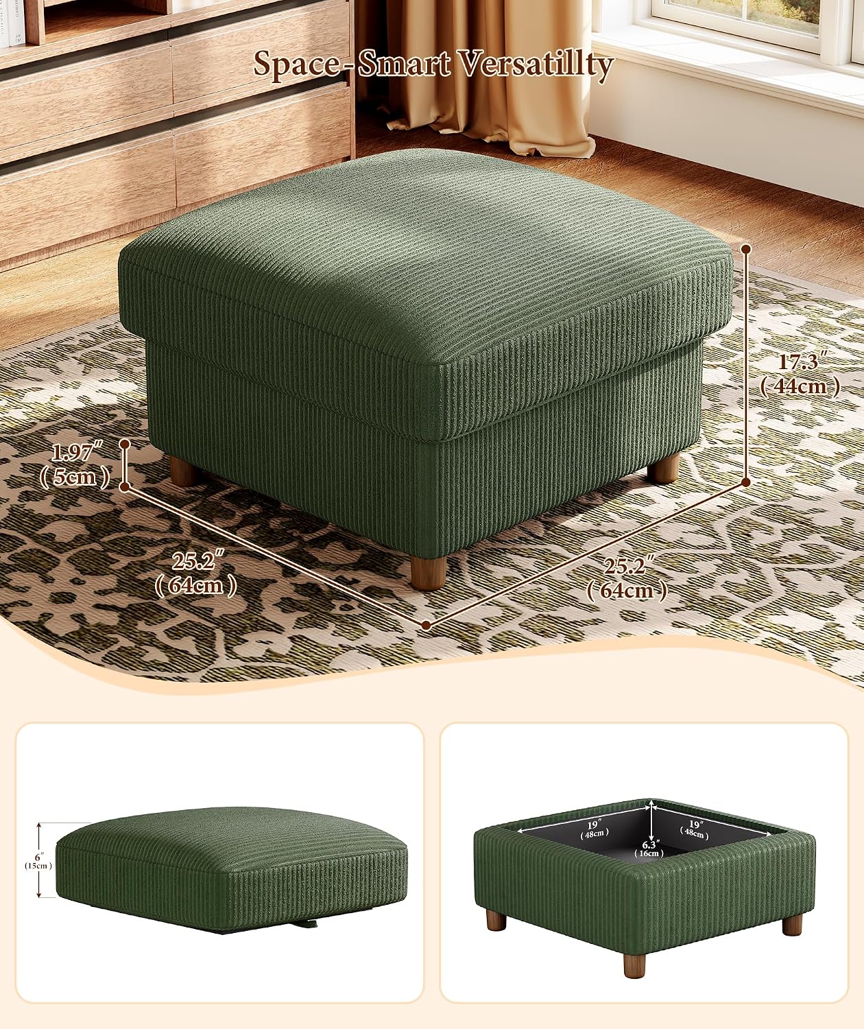 Kidirect 70in U Shaped Couch, Modular Sofa No Tool Assembly, Comfy Sectional Couches for Living Room 21in Deeper Seats, Corduroy Sofas for Living Room with 2 Pillows, Loveseat Sofa Set, Green Couch