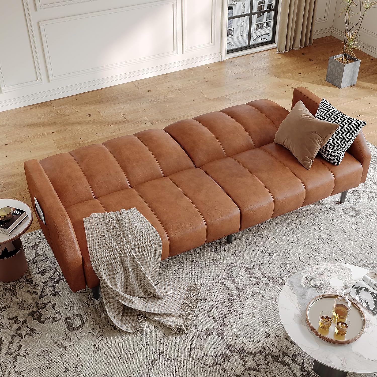 COPIAE Faux Leather Sofa Bed, 78' Futon Sofa Bed, Adjustable Futon Set Backrest, Sleeper Sofa Couch, Modern Decor Love Seat Couches, Upholstered Couch for Living Room, Bedroom, Light Brown