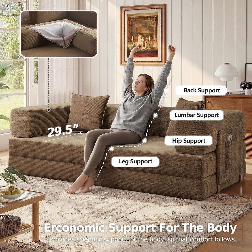 MoonSpeak 78.8''Sleeper Couch Bed for Livingroom,Convertible Modular Sofa with Armrest Pillow,Modular Foldable Corduroy Couches in a Box,No Assembly (Brown)