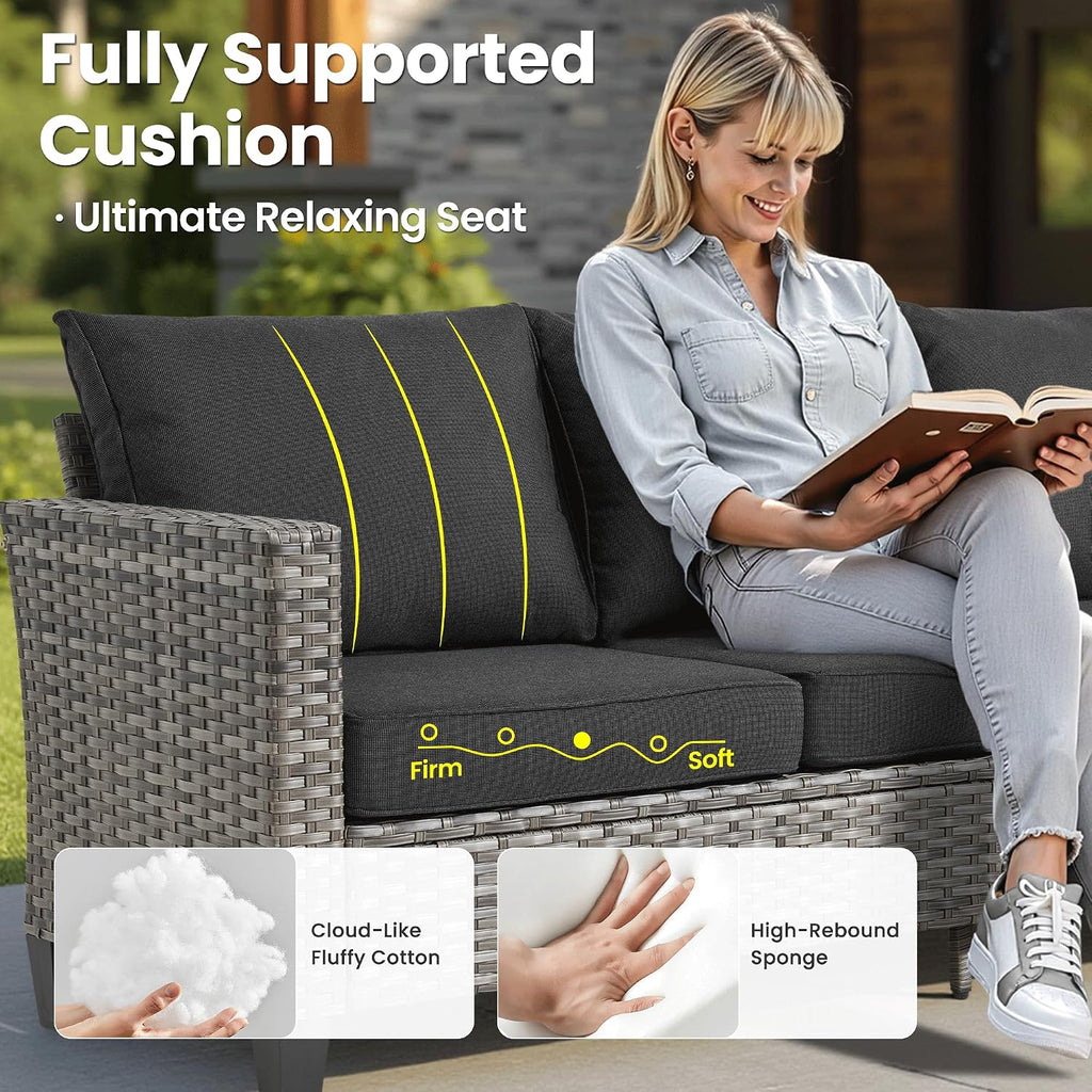 ovios 8 Pieces Patio Furniture Set, Outdoor Wicker Sofa Couch with Swivel Chairs, Rocking Glider Rocker with Comfy Cushions All Weather Rattan Conversation Set, Black