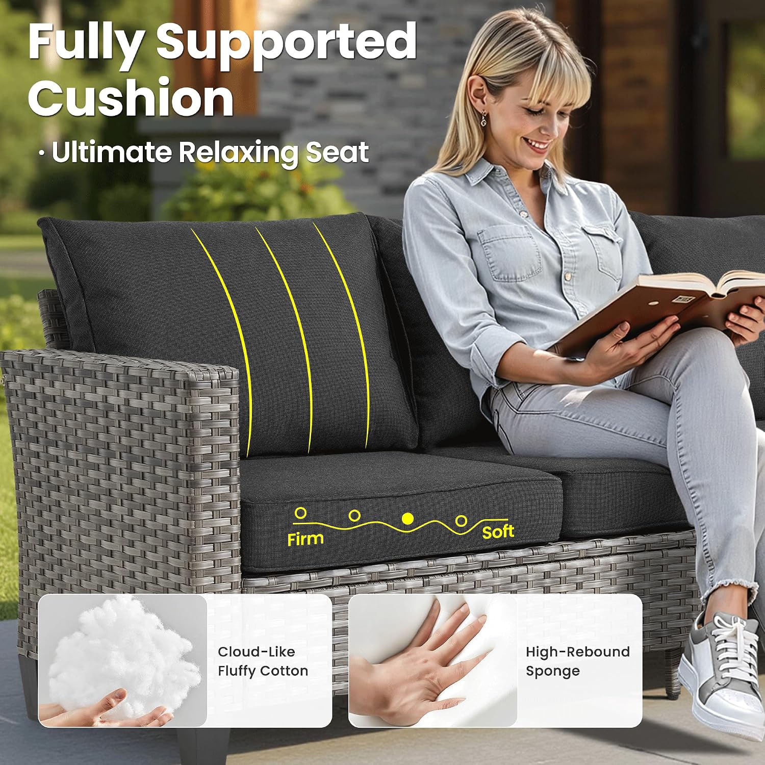 ovios 8 Pieces Patio Furniture Set, Outdoor Wicker Sofa Couch with Swivel Chairs, Rocking Glider Rocker with Comfy Cushions All Weather Rattan Conversation Set, Black