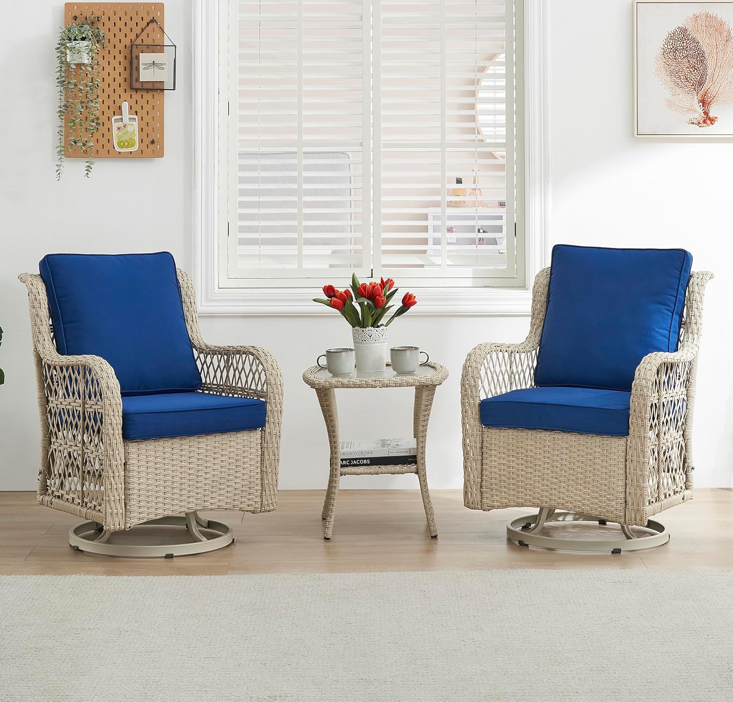 IDEALHOUSE 3 Piece Patio Furniture Sets Wicker Swivel Patio Chairs, Swivel Rocking Chairs Set of 2 with Rattan Side Table, 360-Degree Swivel Rocking Chair for Patio Porch Pool (Light Beige), Onesize