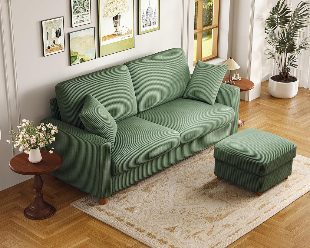 70in L Shaped Couch, Modular Sofa No Tool Assembly, Comfy Sectional Couches for Living Room 21in Deeper Seats, Corduroy Sofas for Living Room with 2 Pillows, Loveseat Sofa Set, Green Couch