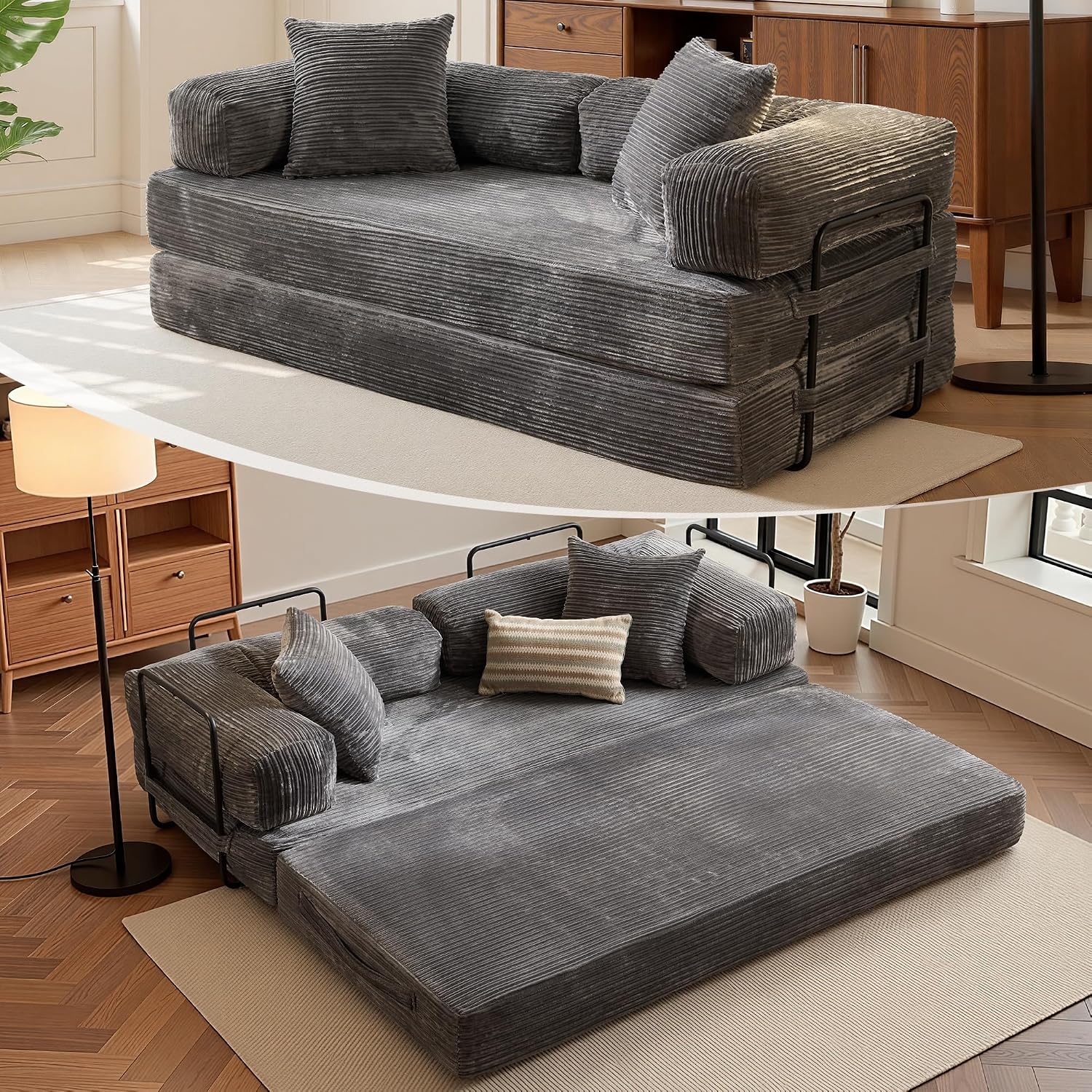 81″ Convertible Sleeper Sofa Bed with Pillows, Corduroy Foldable Mattress Couch with Fixed-Shape Frame, Futon Sofa Bed, Boneless Couch for Living Room Bedroom Lounge Studio, Gray