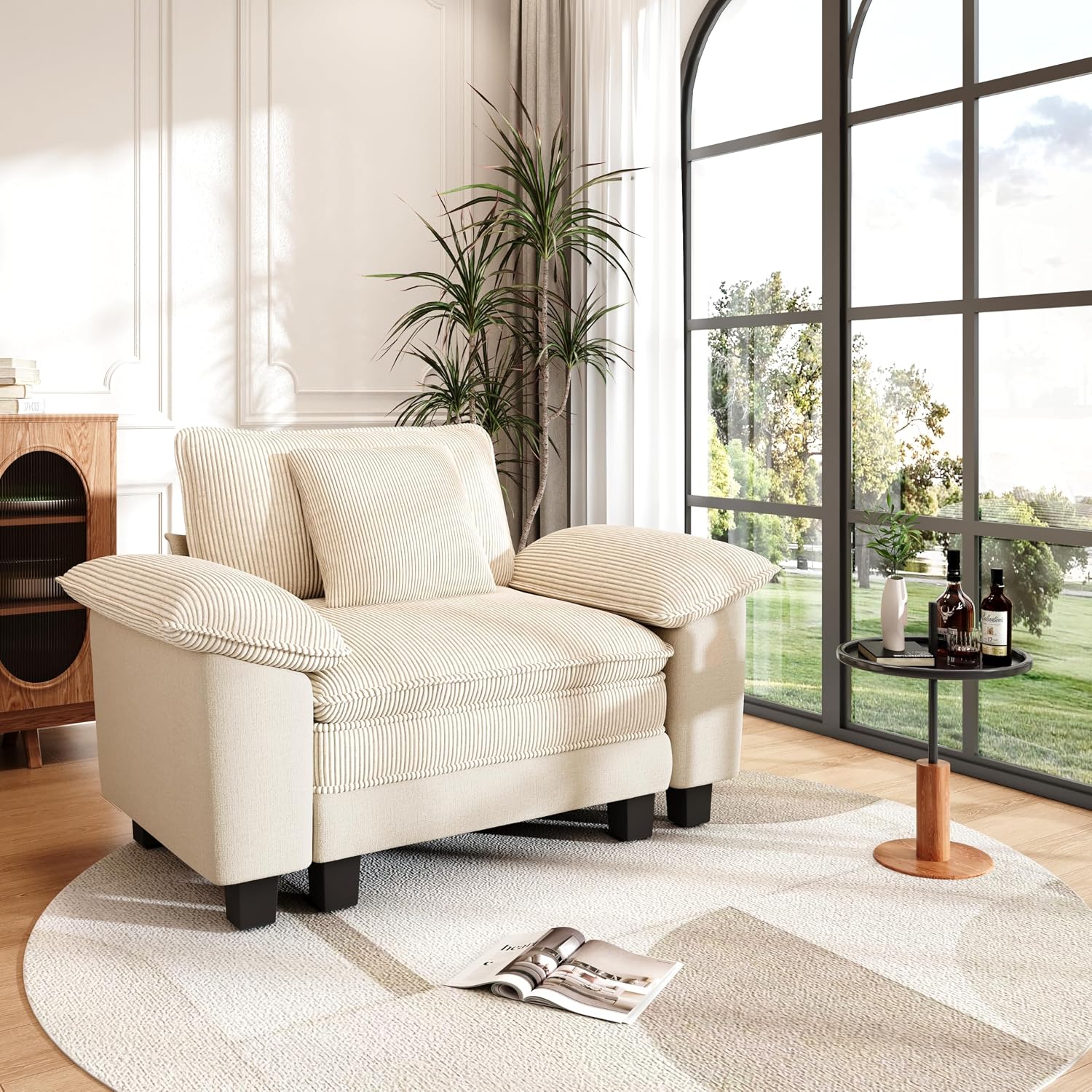 PHI VILLA Cloud Oversized Sectional Sofas, Single Sofa with Deep Seat for Living Room Reading Nook, Chenille Corduroy Dual Fabric, Beige