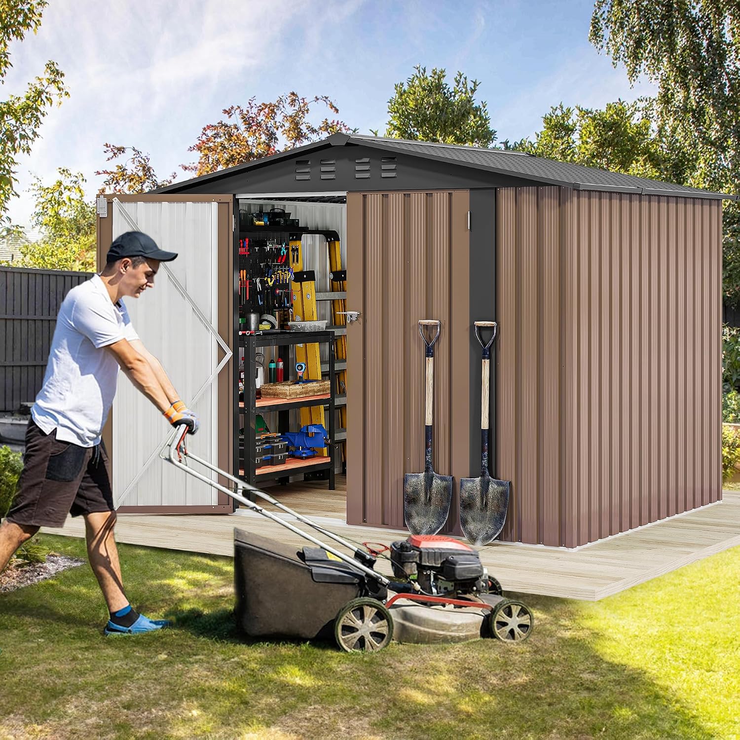 DWVO 7x5FT Outdoor Storage Shelter, Roomy Steel Tool Shed with Secure Entrances & Air Circulation for Patio, Lawn, and Backyard, Ideal for Storing Garden Gear, Lawn Tools, and Bikes, Brown