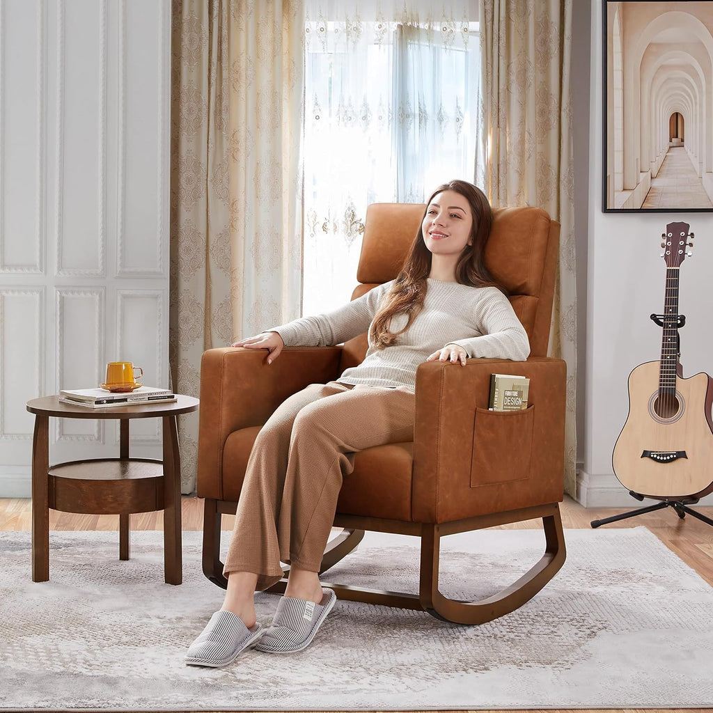 Topeakmart Nursery Rocking Chair, PU Leather Modern Accent Chair with Wood Legs Side Pocket Armchair Glider Rocker for Nursery Living Room Bedroom Lounge, Brown