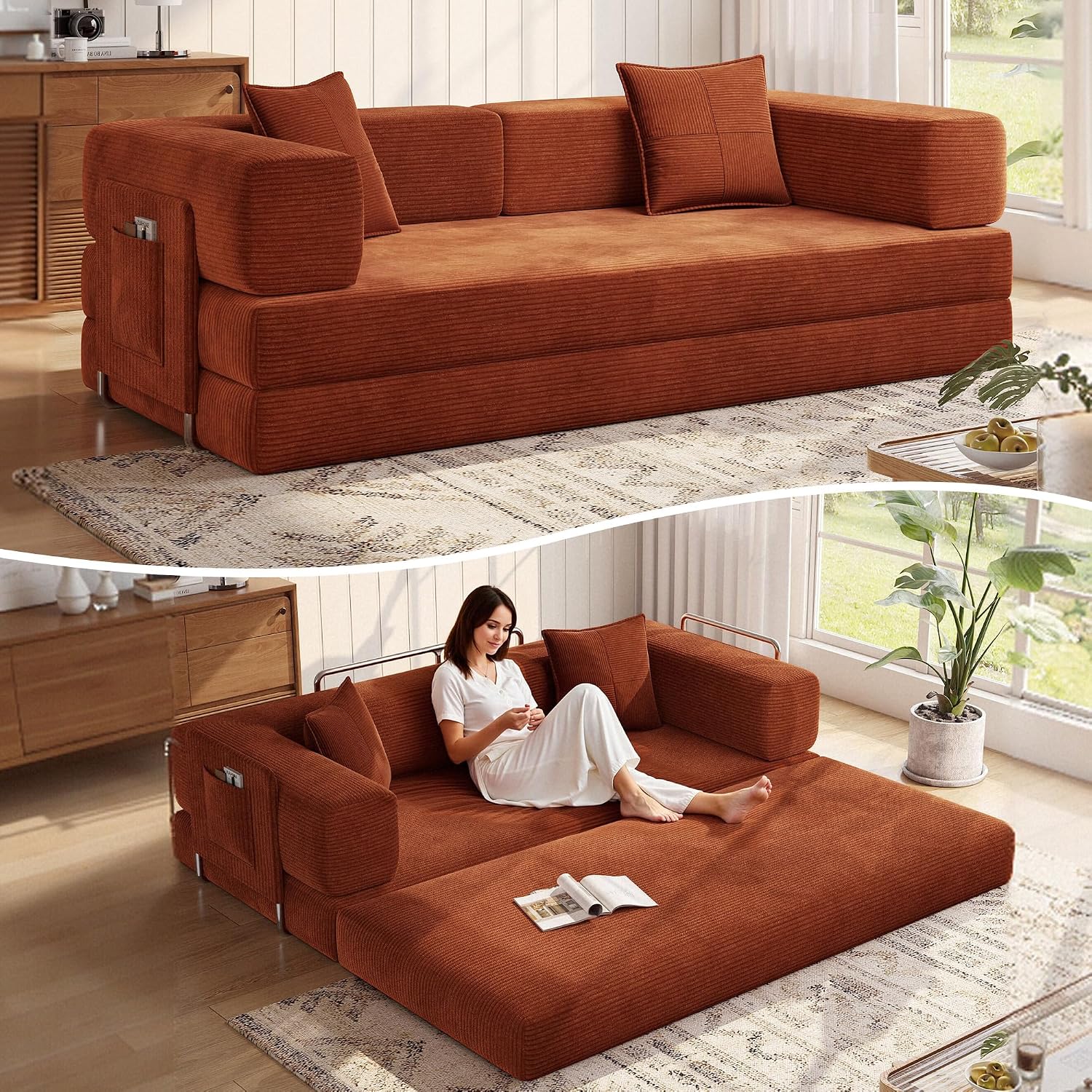 MoonSpeak 78.8''Sleeper Couch Bed for Livingroom，Convertible Modular Sofa with Armrest Pillow，Modular Fldable Corduroy Couches in a Box,No Assembly (Rust Red)