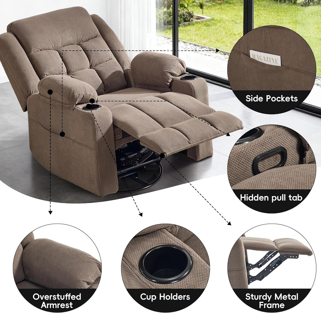 Swivel Rocker Recliner Chair with Massage and Heating,Cup Holders,Glider Recliner for Adults,Soft Fabric Living Room Nursing Reclining Sofa Chair (Coffe)