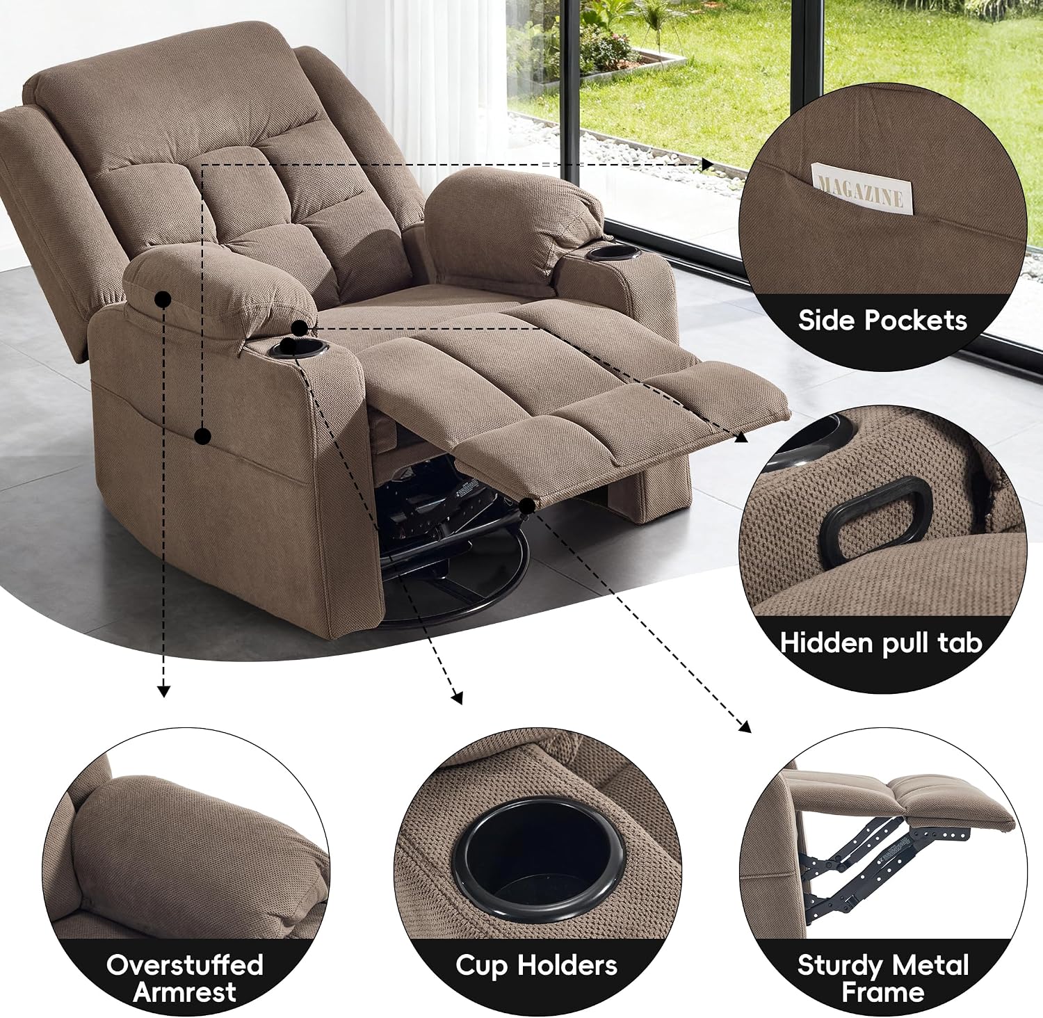 Swivel Rocker Recliner Chair with Massage and Heating,Cup Holders,Glider Recliner for Adults,Soft Fabric Living Room Nursing Reclining Sofa Chair (Coffe)