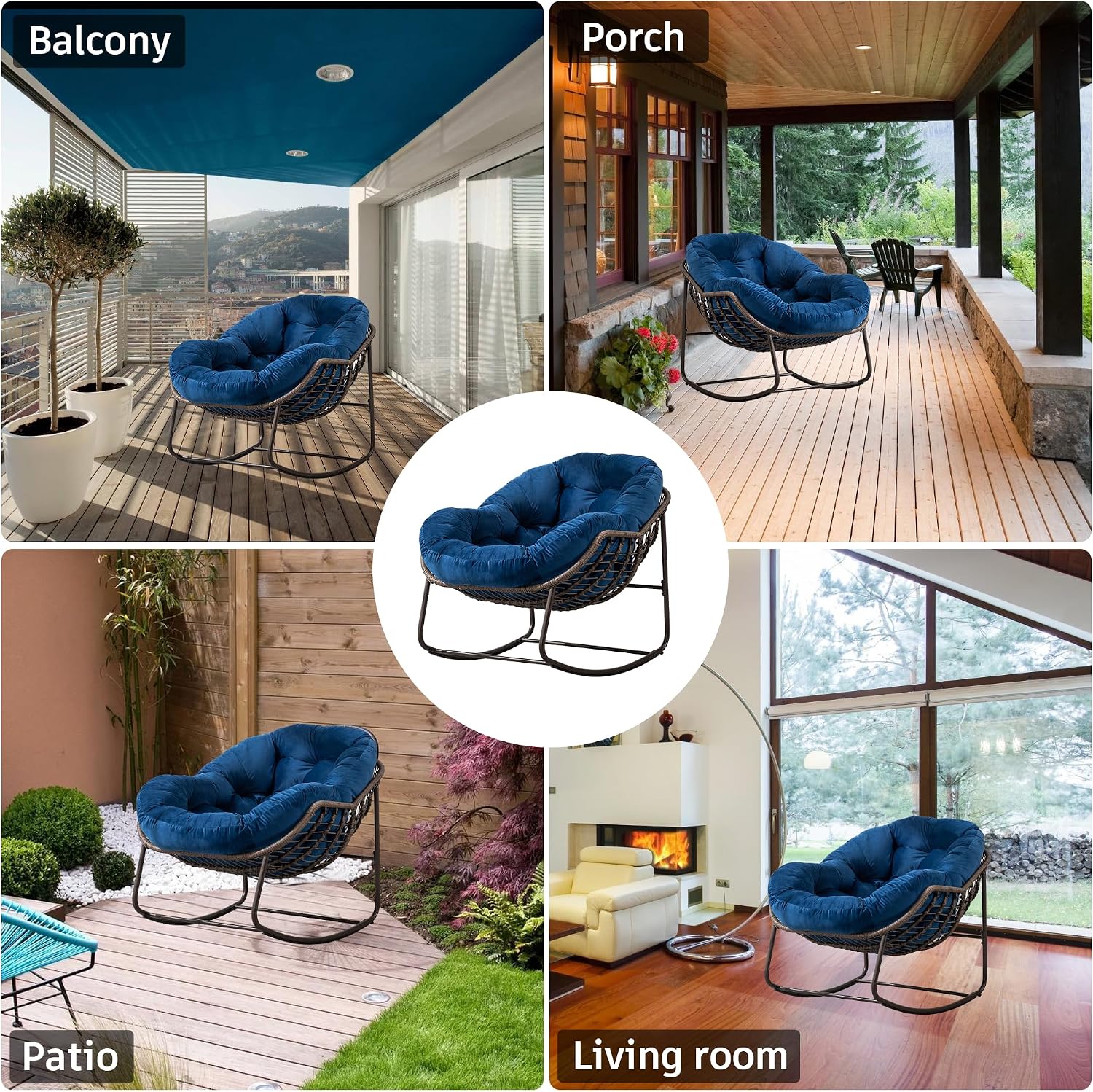 Large Indoor Outdoor Rocking Chair, Oversized Rocking Papasan Chair with Thick Cushion and Frame Outdoor Rocker, Comfy Wicker Egg Chairs Lounge for Outside Porch Patio Backyard (Blue, Set of 2)