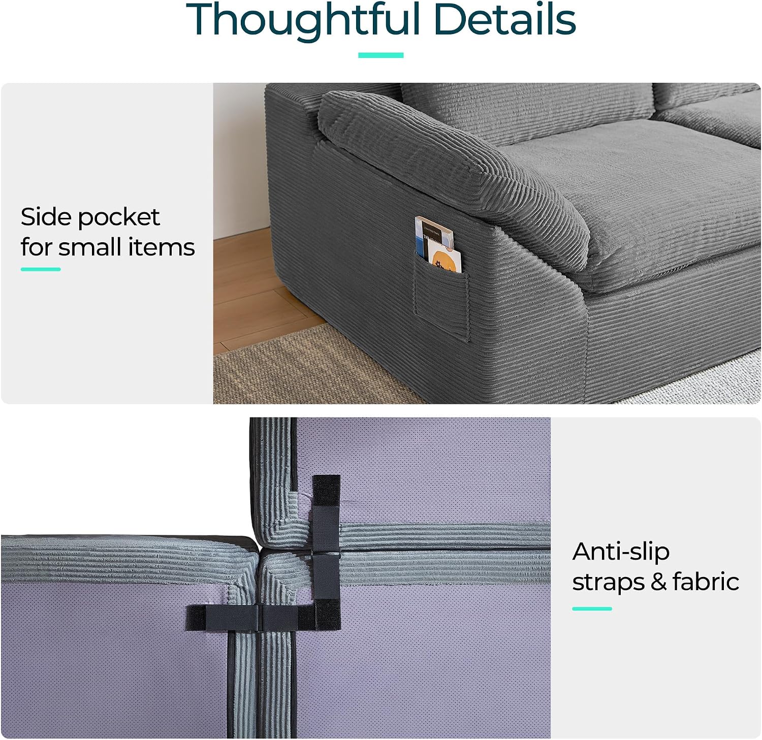 LINSY HOME 139' Modular Couch Modern Boneless Cloud Couch, U Shaped Sofa with Movable Ottomans, Deep Seat Corduroy Sectional Couches for Living Room, Apartment, No Assembly Required, Grey