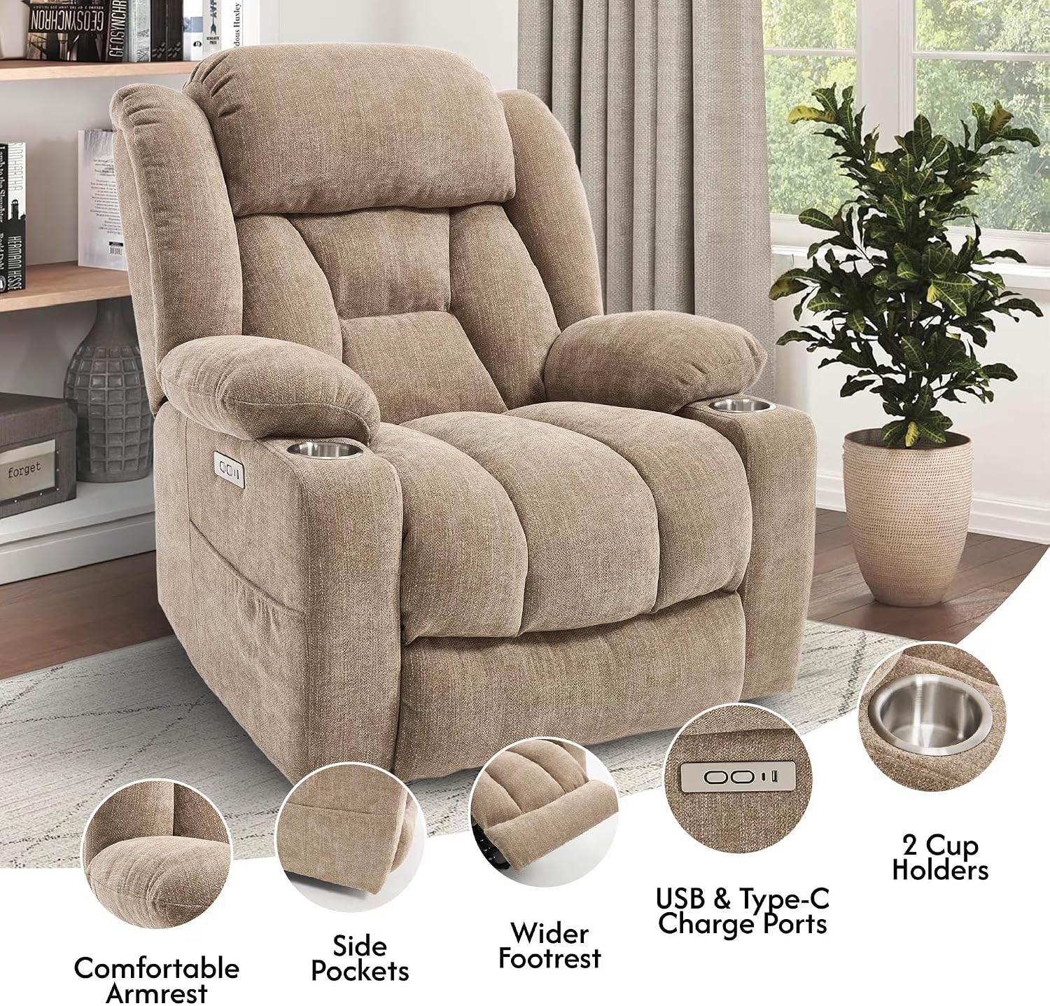 FLEXISPOT Power Lift Recliner Chair with Massage & Heat, Single Motor Lift Chair, Chenille Fabric Upholstery, USB/Type-C, Cup Holders, Side Pockets