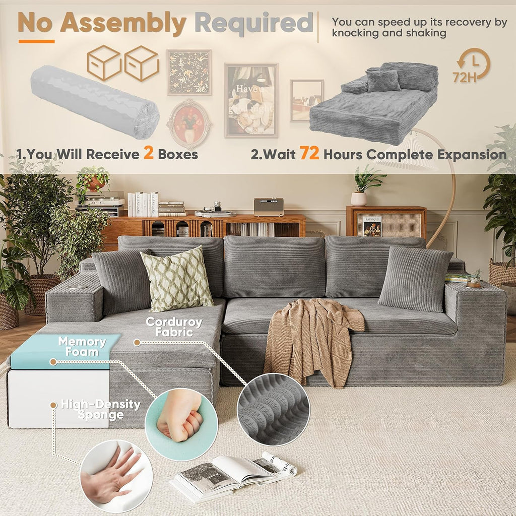 Homall 109' Boneless Couch with Memory Foam, Modular Sectional Sofa with L-Shape Chaise, Cloud Couch with Deep Seat, Dual Cup Holders & Side Pockets, No Assembly Required (Gray)