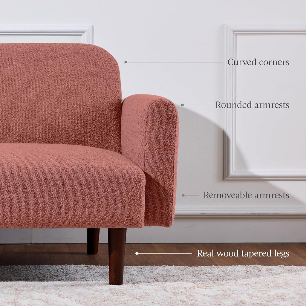 Best Choice Products 77' Mid Century Modern Boucle Loveseat Sofa, Couch, Convertible Sofa Sleeper Bed w/Real Wood, Removable Armrest - Mauve