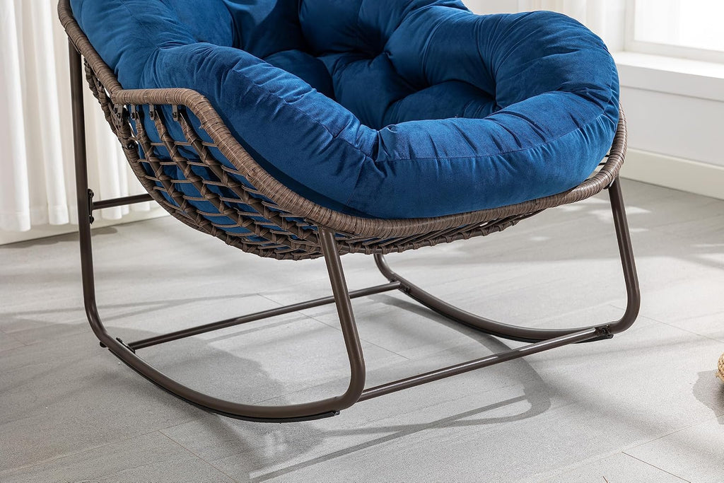 Outdoor Rattan Rocking Chair Oversized Papasan Recliner Lounger, Steel Frame & Thick Olefin Cushion, Indoor/Outdoor Use for Patio, Porch, Backyard, Garden, Balcony, Navy Blue