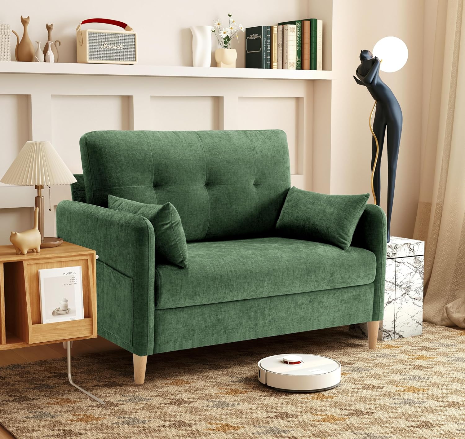 Urhanherry 47' Small Sofa Couch for Bedroom, Soft Chenille loveseat Mini Couch with Throw Pillow and Removable Cushion Cover for Small Spaces, Living Room, Apartment, Dorm, Office(Green)