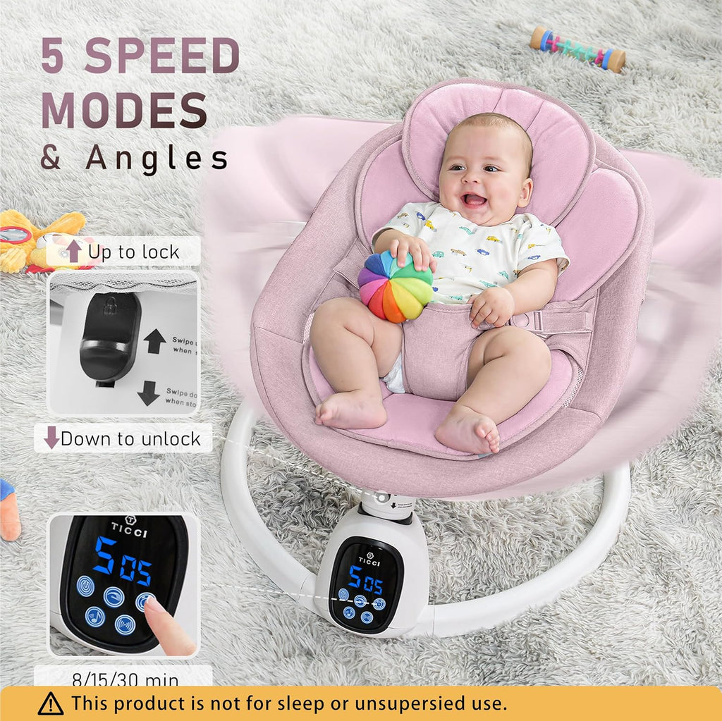 T TICCI Baby Swings for Infants, Smart Portable Baby Swing for Newborn, Bluetooth Infant Swing with Music Speaker, Remote Control Indoor Rocker with 5 Sway Speeds, 0-6 Months, Pink