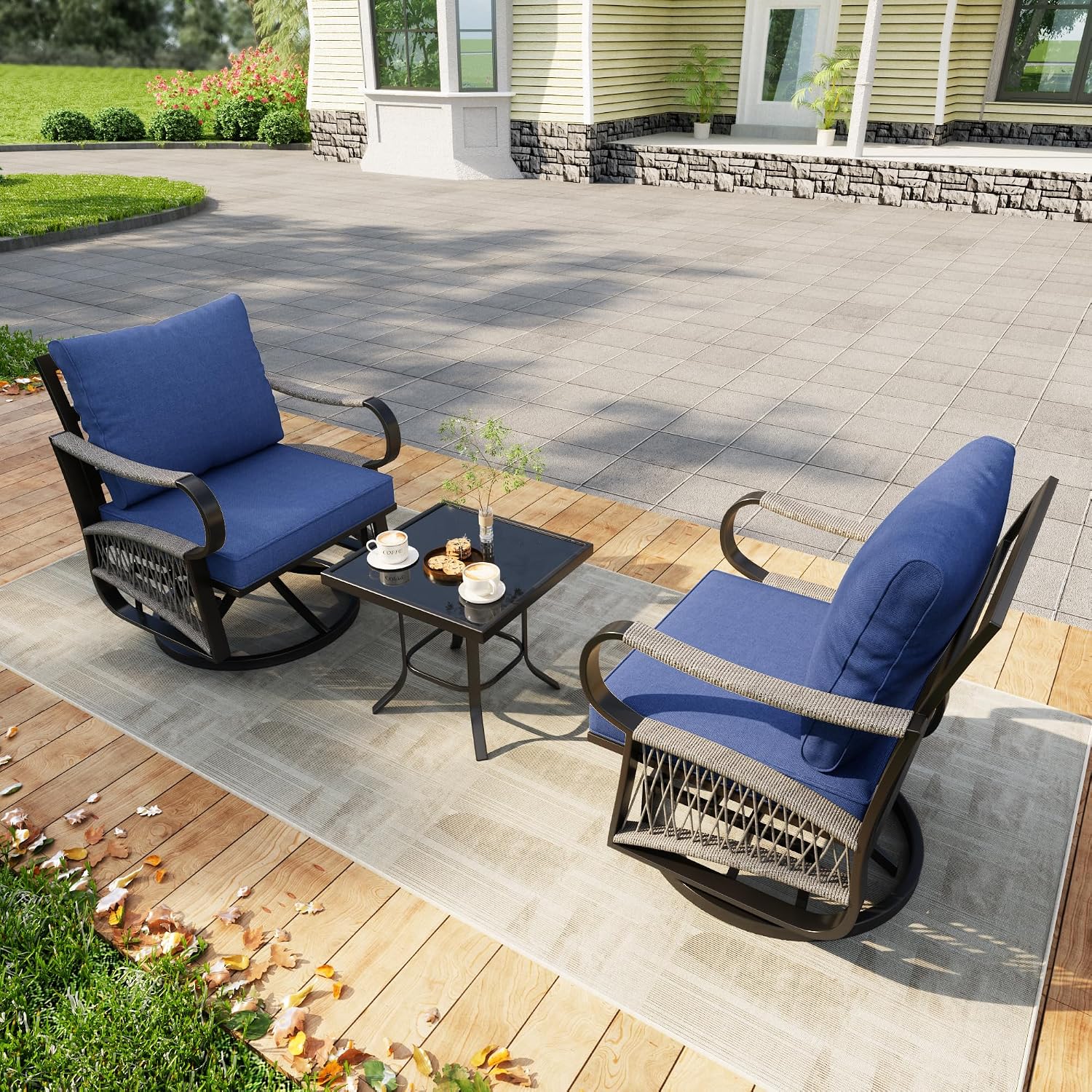 3 Pieces Glider Rocking Chairs, Outdoor Swivel Rocker Chairs with Blue Padded Cushions, Patio Bistro Furniture Set with Side Table for Porch Balcony Backyard Deck Poolside, Blue