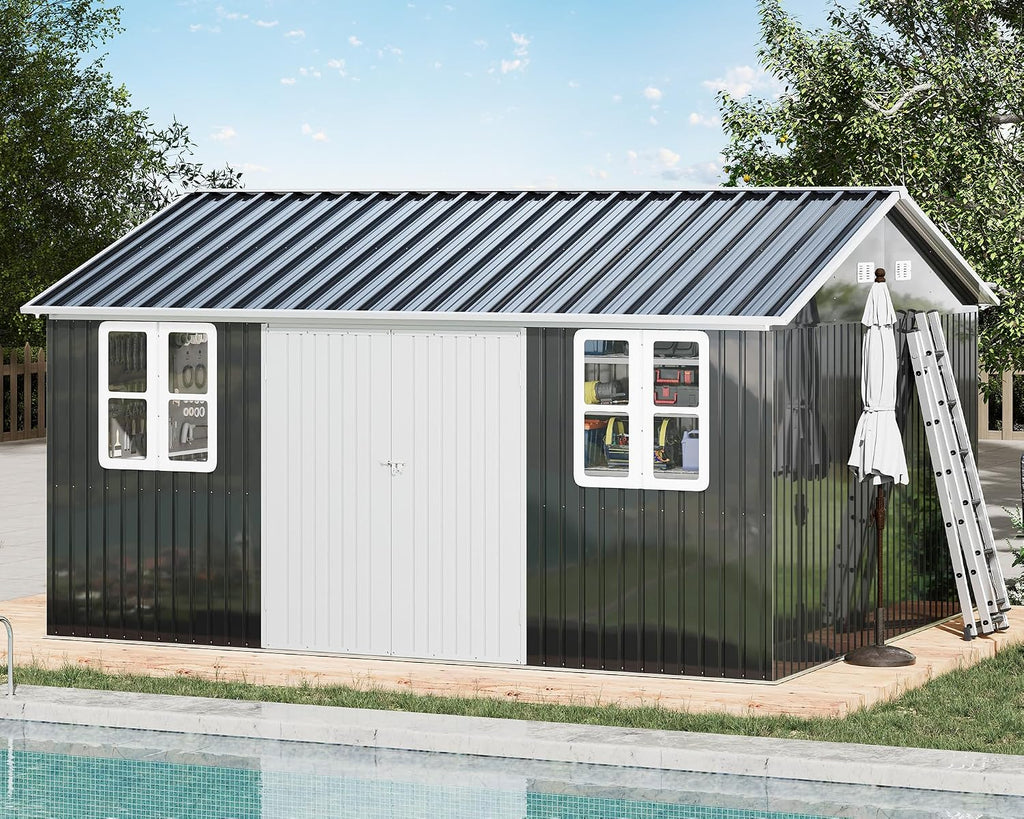 VanAcc 12 x 14FT Outdoor Storage Shed with a Lockable Hinged Door and 2 Windows, Nordic Cottage Metal Shed for Backyard, Garden, Patio, Dark Grey/White