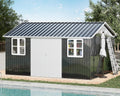 VanAcc 12 x 14FT Outdoor Storage Shed with a Lockable Hinged Door and 2 Windows, Nordic Cottage Metal Shed for Backyard, Garden, Patio, Dark Grey/White