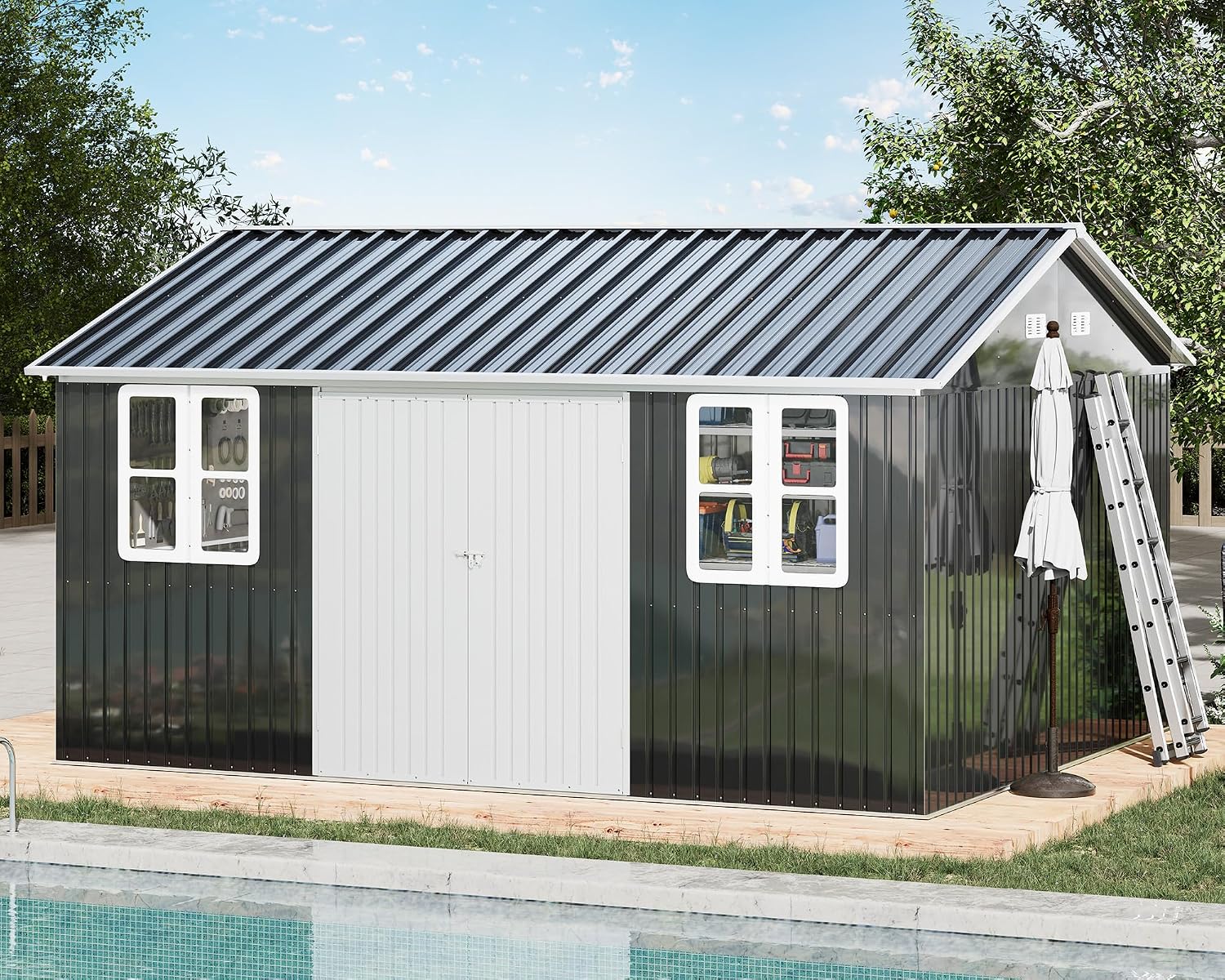 VanAcc 12 x 14FT Outdoor Storage Shed with a Lockable Hinged Door and 2 Windows, Nordic Cottage Metal Shed for Backyard, Garden, Patio, Dark Grey/White