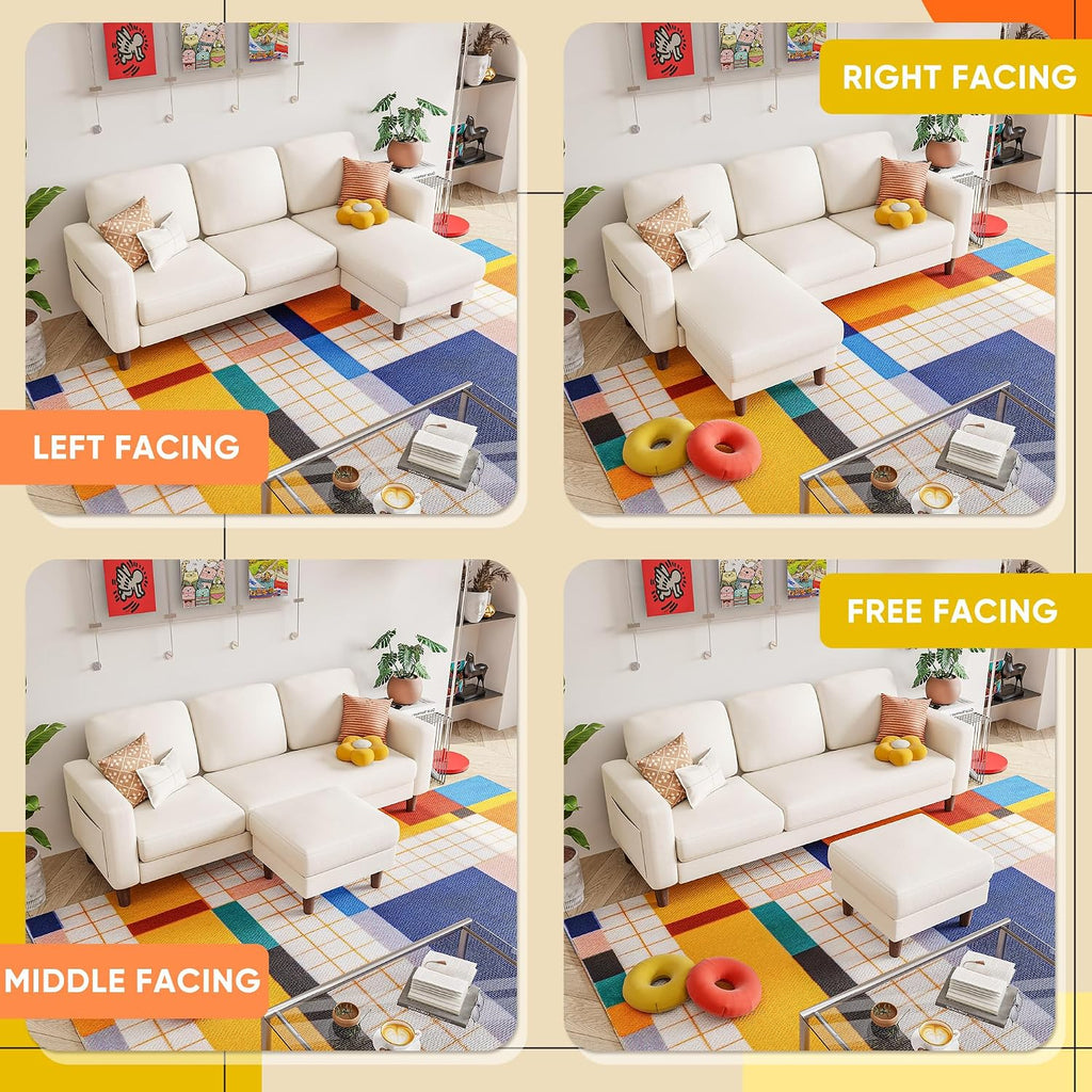 YESHOMY Couches for Living Room, Sofa with Movable Ottoman, Small Couch with Reversible Chaise and Side Pockets, L Shaped Couch for Small Space, Apartment (Linen Fabric, Beige)
