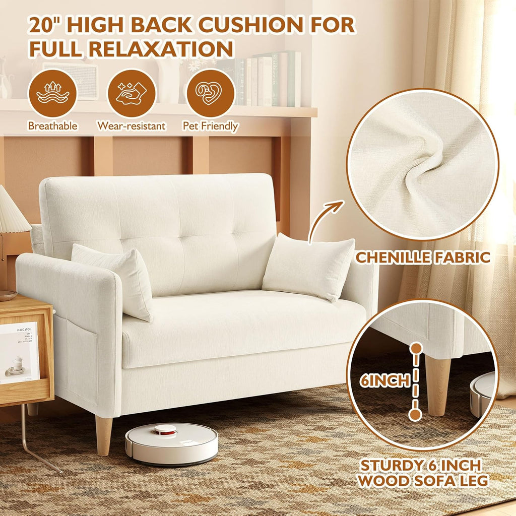 Urhanherry 47' Small Sofa Couch, Soft Chenille loveseat Mini Couch with Throw Pillow and Removable Cushion Cover for Small Spaces, Bedroom, Apartment, Dorm, Office, Living Room(Beige)