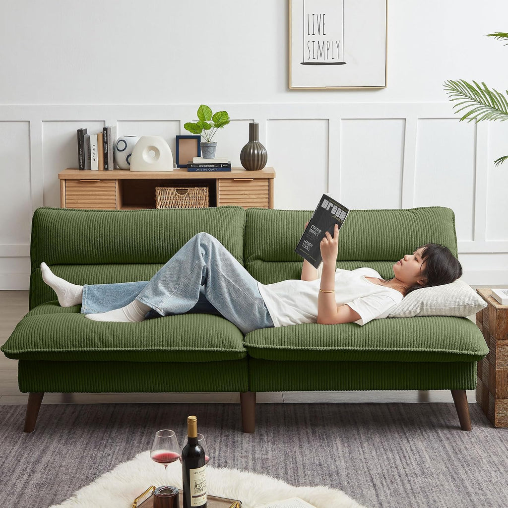 72' Futon Sofa Bed, Futon Couch with Adjustable Backrest, Recliner Small Loveseat for Living Room, Office, Apartment, Corduroy Loveseat, Green