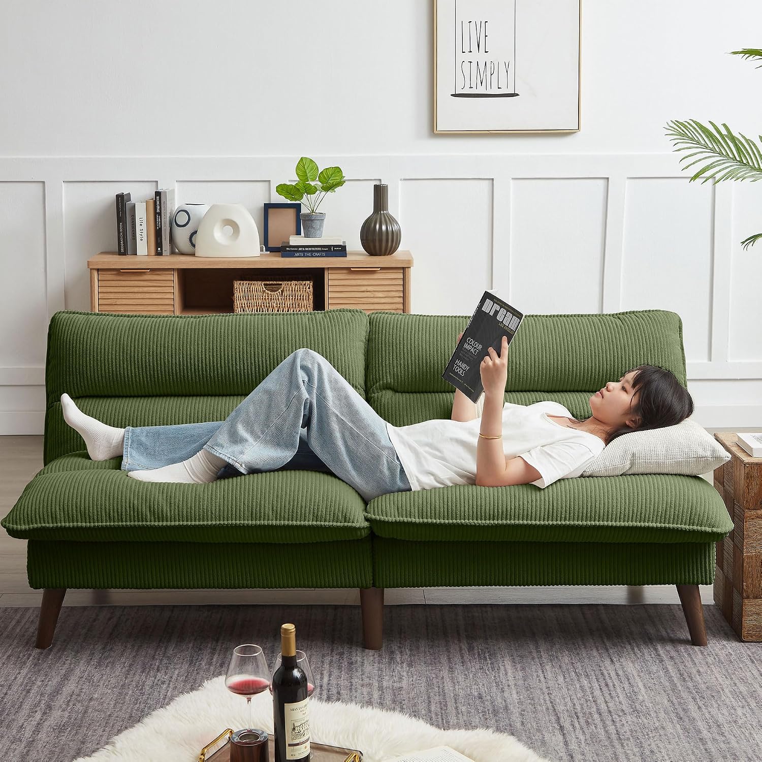 72' Futon Sofa Bed, Futon Couch with Adjustable Backrest, Recliner Small Loveseat for Living Room, Office, Apartment, Corduroy Loveseat, Green