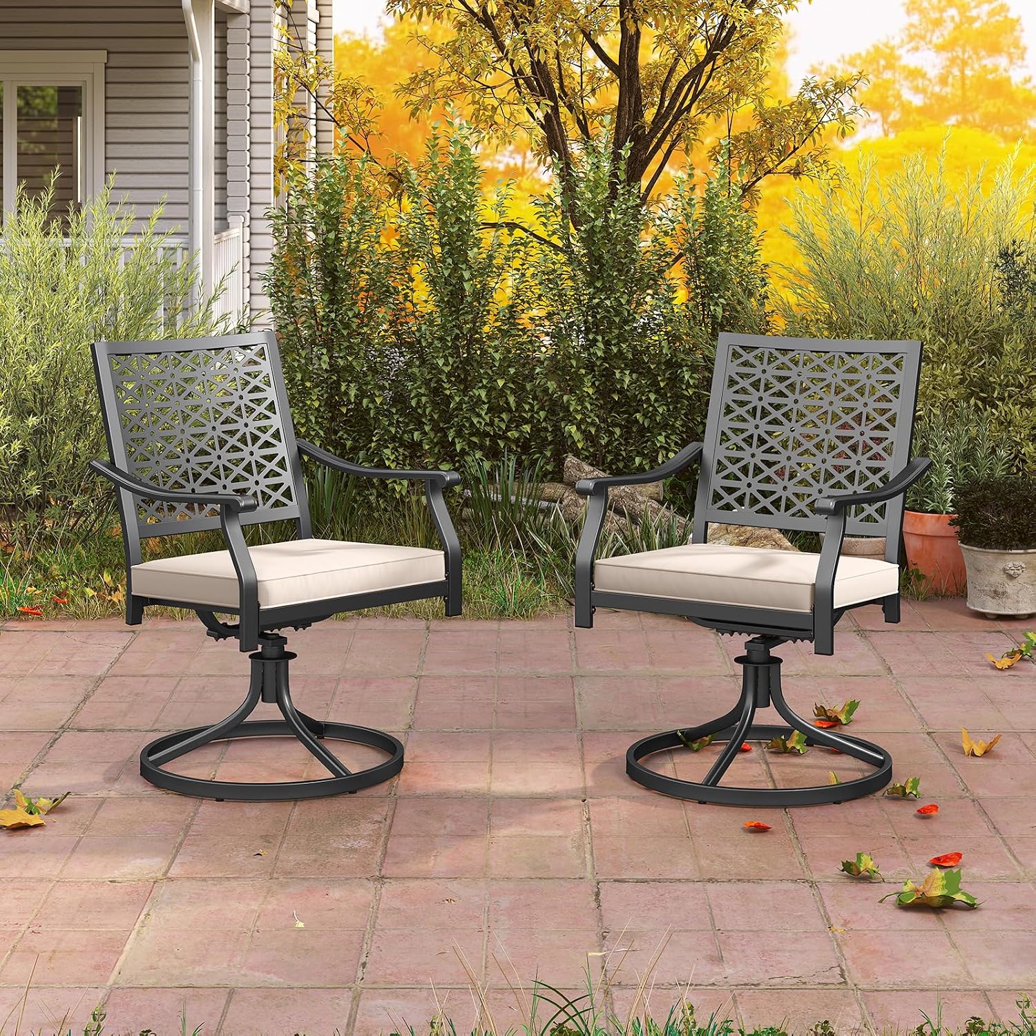 Giantex 2 Pack Swivel Outdoor Chairs, Set of 2 Patio Dining Rocking Chairs with Soft Cushions, Round Steel Base, Porch Garden Backyard Lawn Poolside Beige