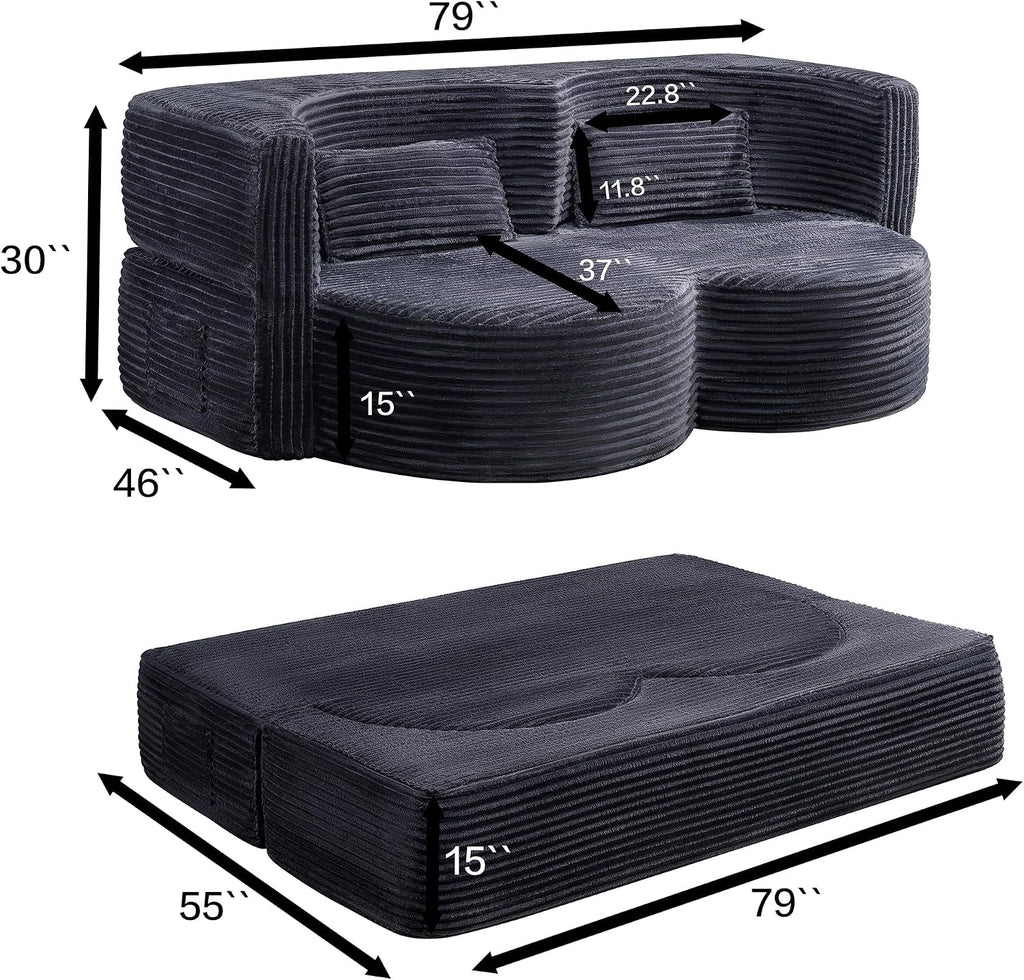 KEIKI 79' Convertible Floor Sofa Bed, Fold ‌Teddy Sleeper Cloud Couch with Storage & Deep Seat, Comfy Upholstery Curved Boneless Futon Couches, 2-in-1 Sofas for Living Room Bedroom, No Assembly, Gray
