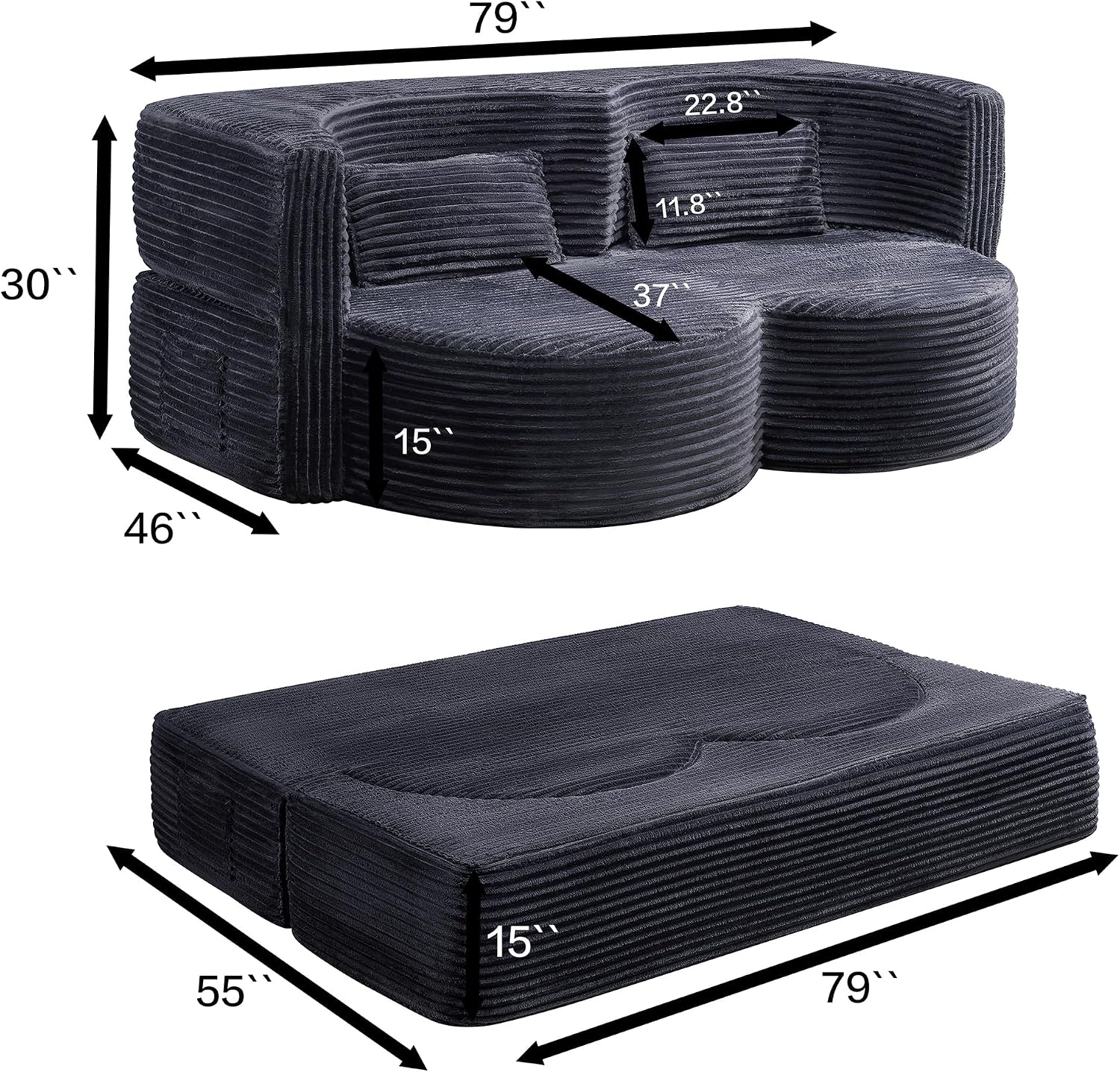 KEIKI 79' Convertible Floor Sofa Bed, Fold ‌Teddy Sleeper Cloud Couch with Storage & Deep Seat, Comfy Upholstery Curved Boneless Futon Couches, 2-in-1 Sofas for Living Room Bedroom, No Assembly, Gray