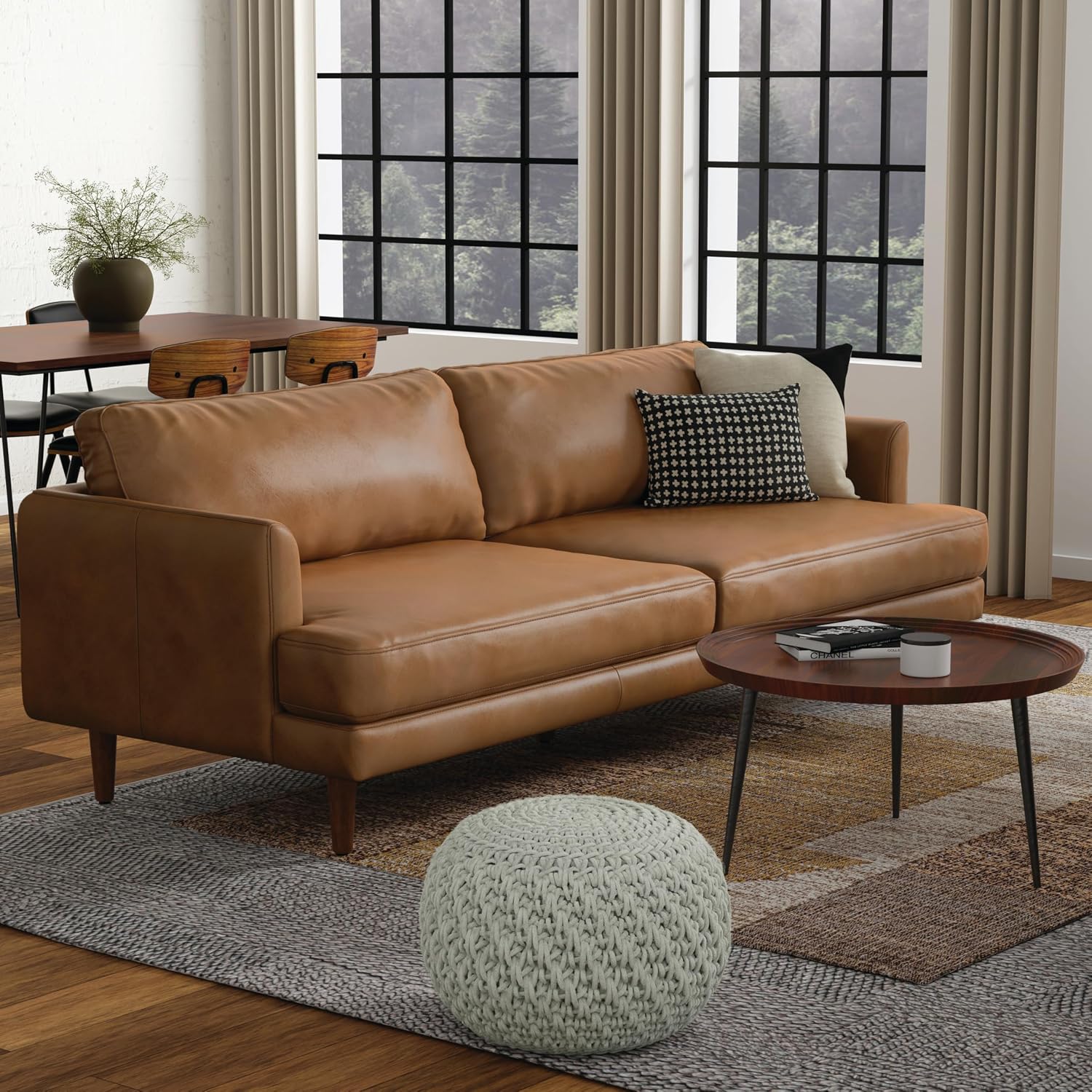 SIMPLIHOME Livingston Sofa - 90 inch Wide Top Grain Genuine Leather Sofa in Caramel Brown, Mid-Century Modern 3-Seater Couch for Living Room with Feather-Wrapped Cushions and Solid Wood Frame