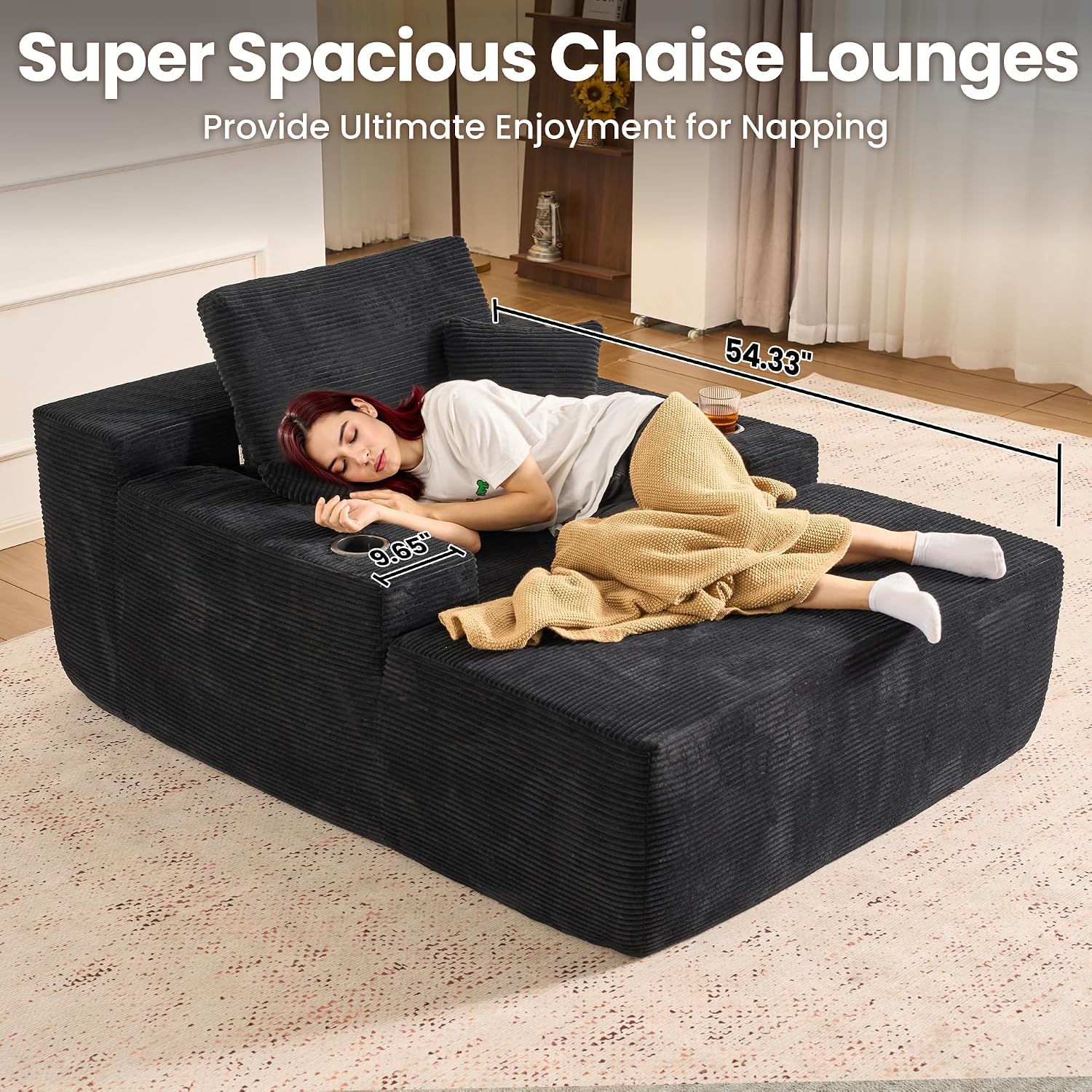 ovios 67'' Chaise Lounge Chair Indoor, Oversized Upholstered Boneless Sofa Bed with Cup Holders, Deep Seat Sleeper Couch, Plush Cloud Sofas Couches for Living Room (Corduroy, Black)