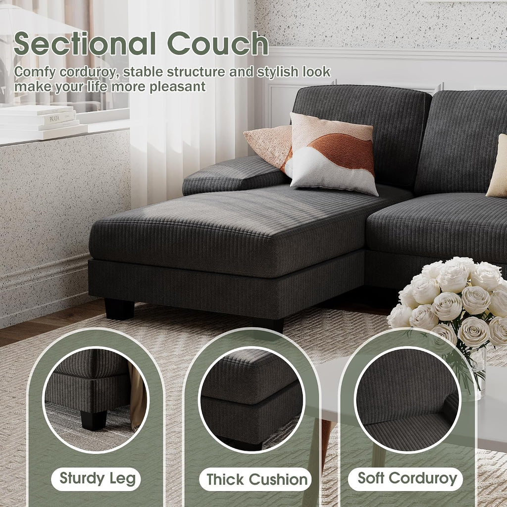 Furniwell Convertible Sectional Sofa Couch, 4 Seat Sofa Set for Living Room U-Shaped Modern Fabric Modular Sofa Sleeper with Double Chaise & Memory Foam (Corduroy, Deep Grey)