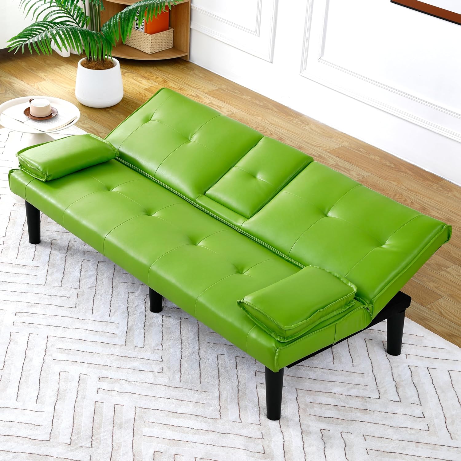 KEIKI 67' Convertible Sofa Bed with Cup Holder, 3 in 1 Futon Sofa Bed, PVC Sleeper Sofa Chair for Living Room, Office, Green
