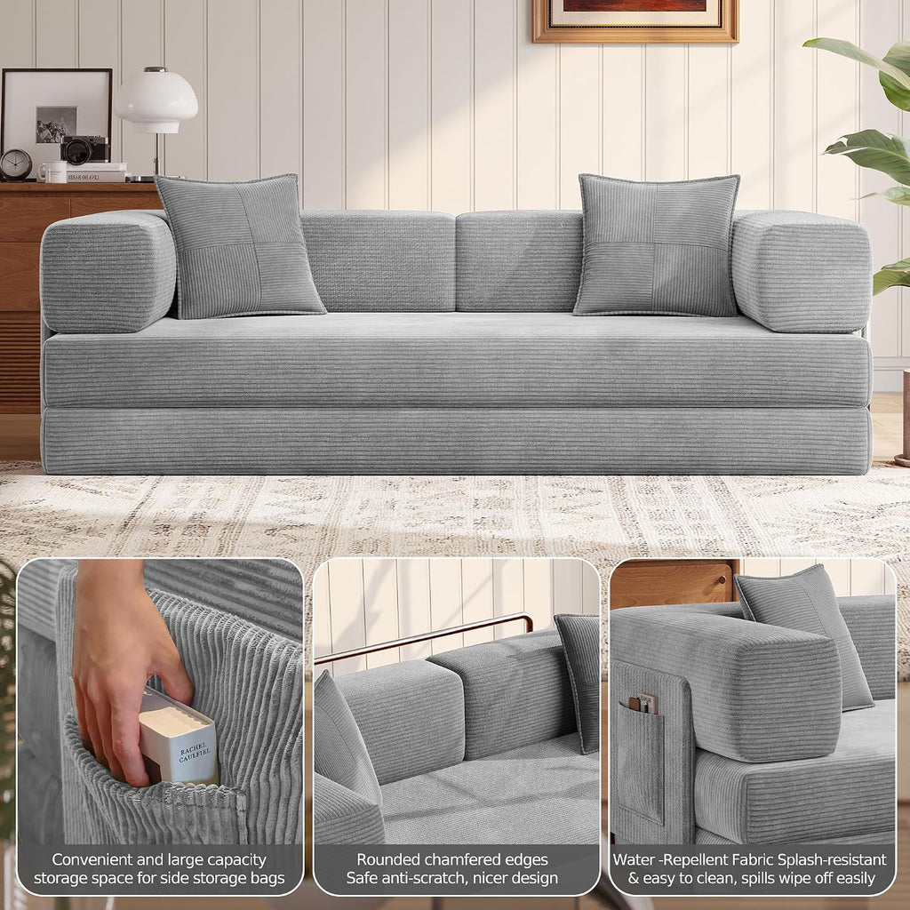 MoonSpeak 78.8''Sleeper Couch Bed for Livingroom,Convertible Modular Sofa with Armrest Pillow,Modular Foldable Corduroy Couches in a Box,No Assembly (Gray)