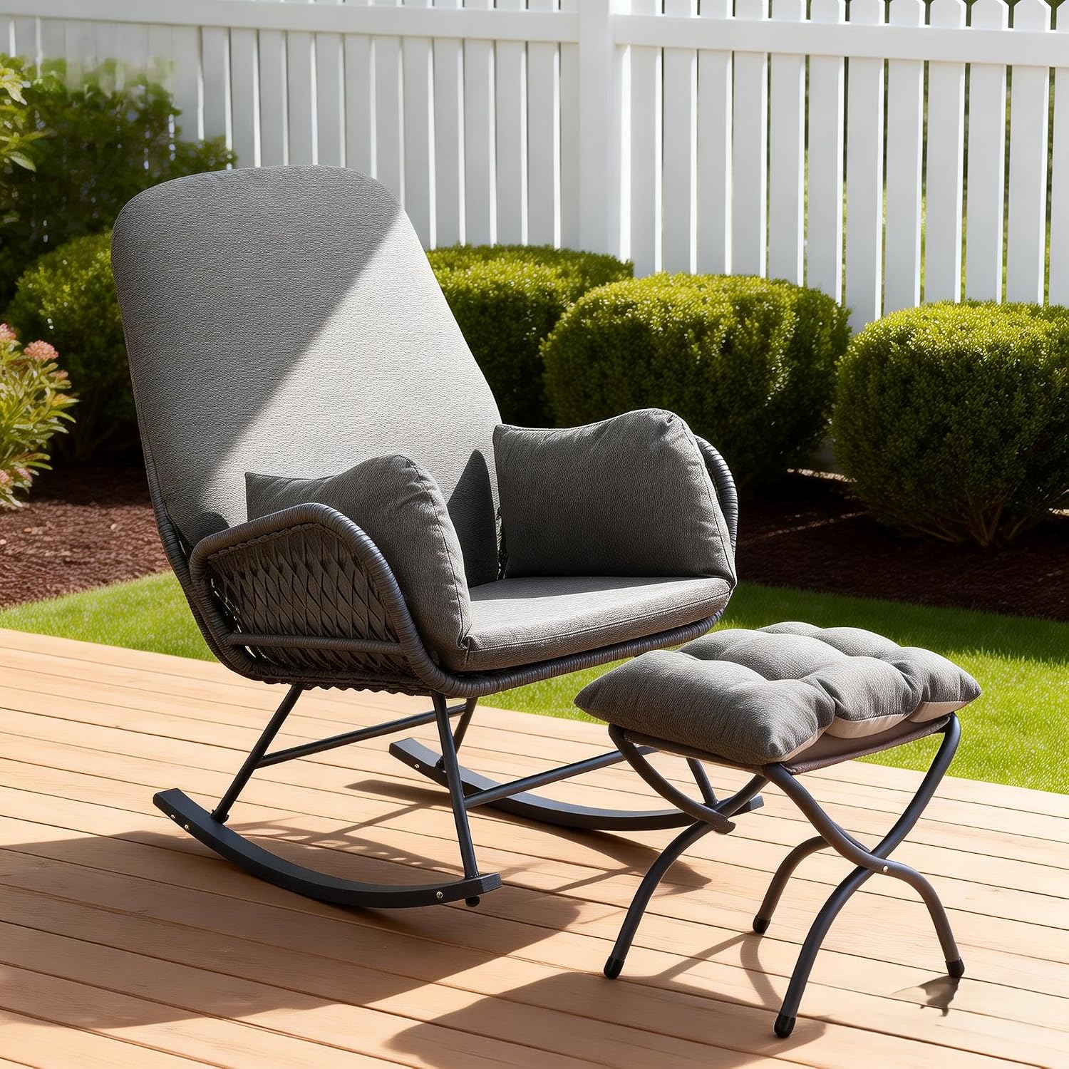 YDcosyfy Outdoor Wicker Rocking Chair with Ottoman, Patio Rocker Chair with Cushions, Steel Frame Support, All-Weather Furniture, for Porch, Balcony, Indoor