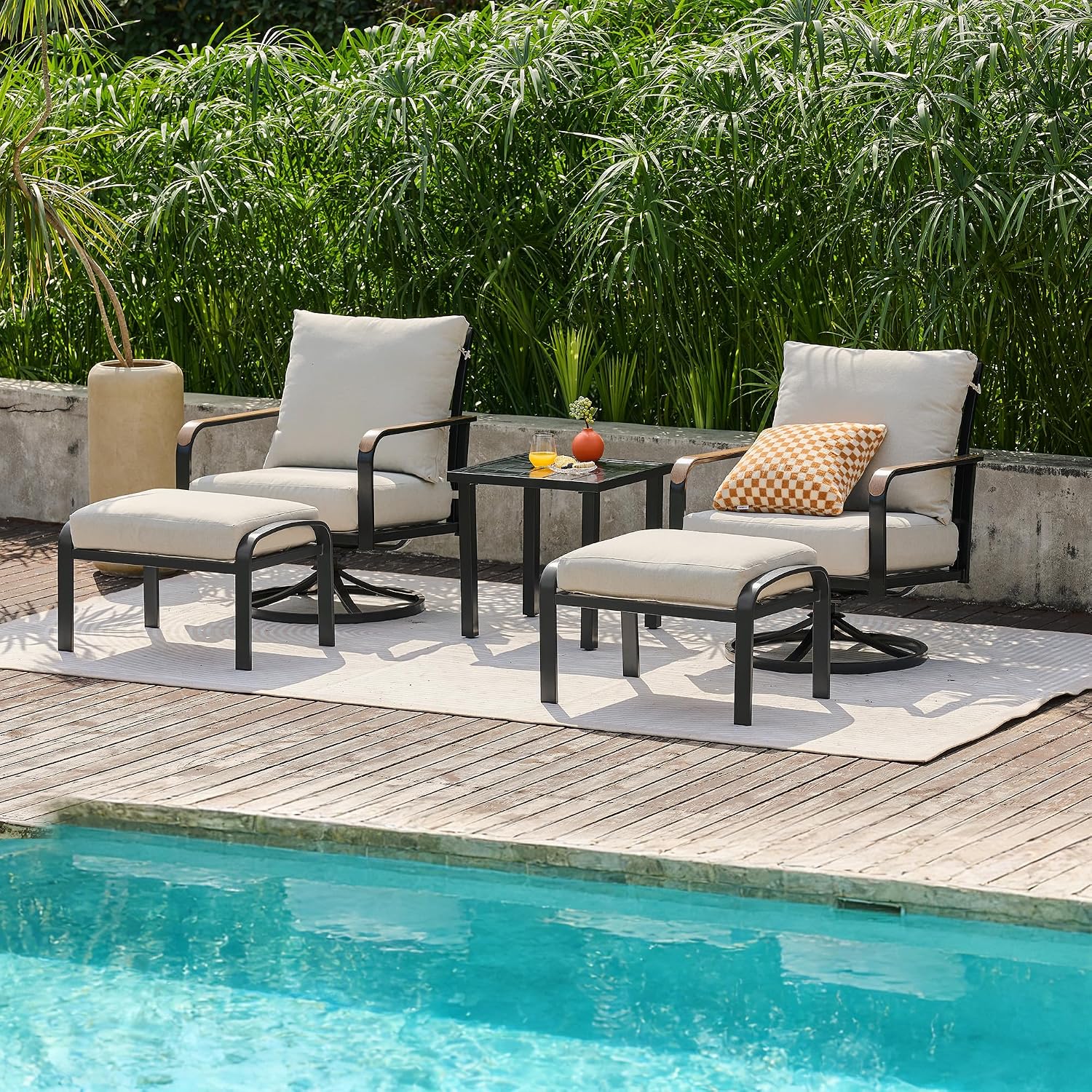 NATURAL EXPRESSIONS Patio Furniture Set,Outdoor Patio Chairs with 2 Swivel Glider Rocking Chairs,5 Piece Outdoor Conversation Set with Ottomans,All Weather Sturdy Frame,6' Cushions for Garden,Yard