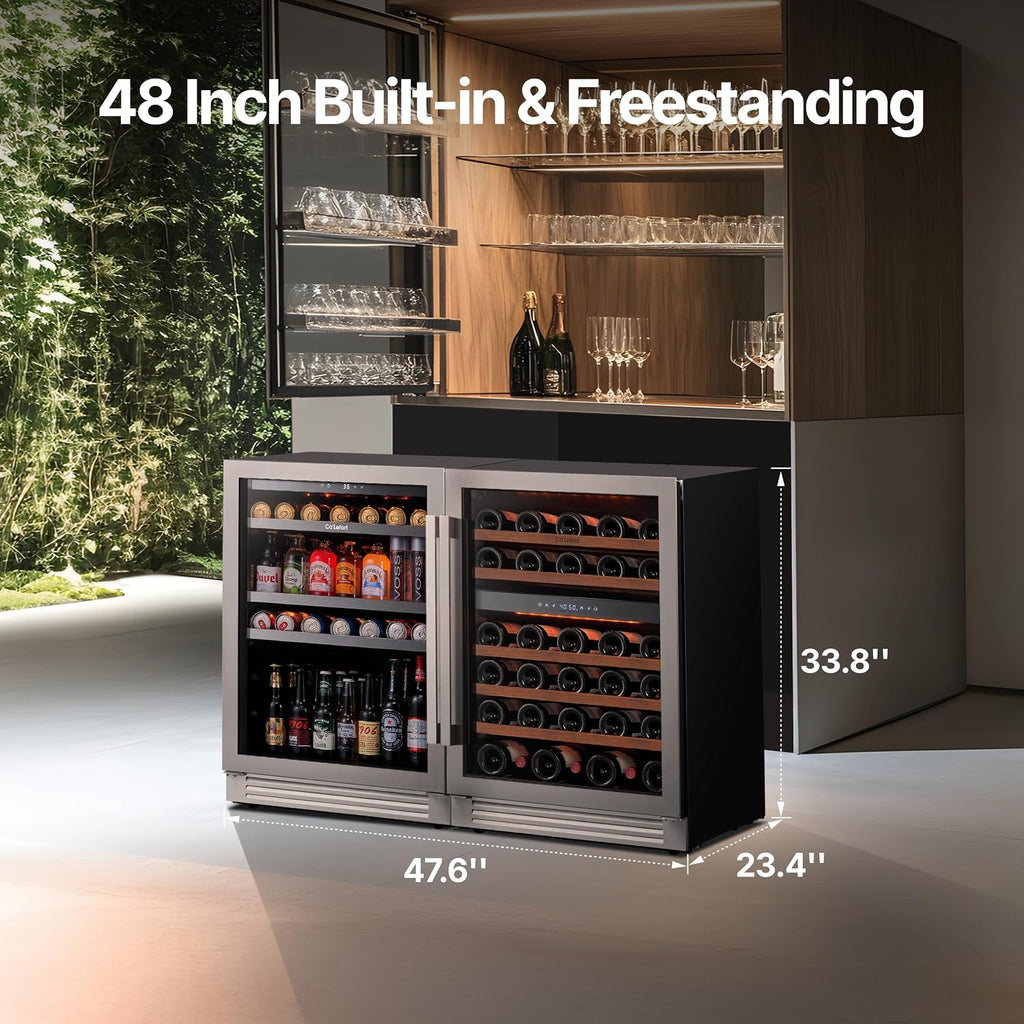 Ca'Lefort Wine Beverage Refrigerator Bundle - 48 Inch 34-65°F Drink Fridge Glass Door, 3 LED Dual Zone Wine Fridge Built-in or Freestanding, Holds 220 Cans and 52 Bottles (11.3 Cu.ft)
