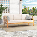 Christopher Knight Home Aston Outdoor 3 Seater Sofa, Upholstered Cushion Couch, Acacia Wood Bench Sofa, Slat Armchair, 73.25' W Spacious Seating Bench Couch for Gardern Porch Balcony, Teak+Beige