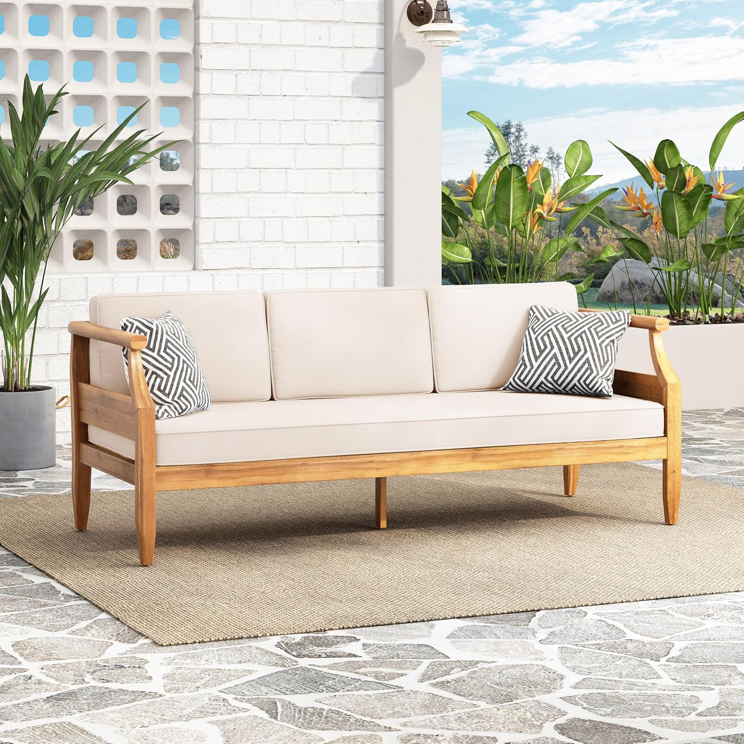 Christopher Knight Home Aston Outdoor 3 Seater Sofa, Upholstered Cushion Couch, Acacia Wood Bench Sofa, Slat Armchair, 73.25' W Spacious Seating Bench Couch for Gardern Porch Balcony, Teak+Beige