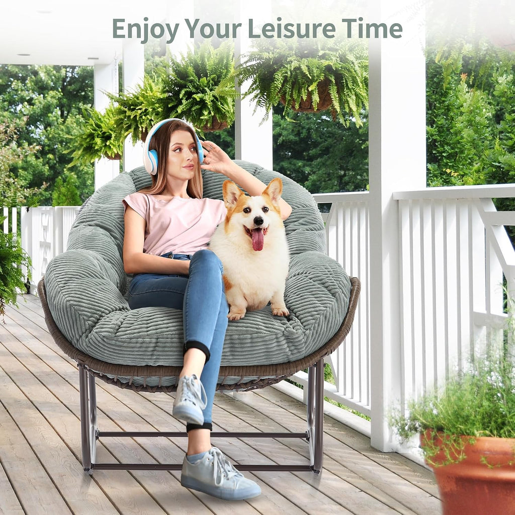 HOMEFUN Outdoor Patio Rocking Chairs, Oversized Papasan Rock Chair Indoor with Striped Velvet Padded Cushion - Rocker Egg Seat for Front Porch, Garden, Patio, Backyard Green