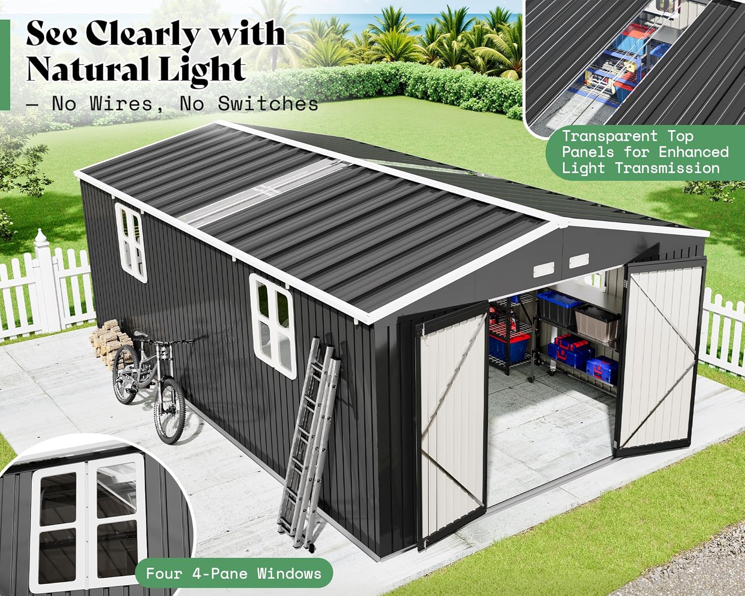 VanAcc 12x20x7.2 FT Outdoor Storage Shed with 2 Transparent Panels, Metal Garden Shed with Hinged Double Doors, Windows & Vents, Reinforced Steel Frame for Backyard Garden, DIY Workshop, Dark Gray