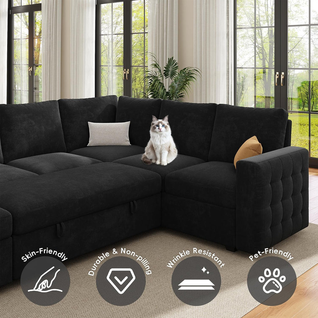 104' Sectional Sleeper Sofa Bed, Pull Out Couch with Storage, Modular Cloud Sofa with Chaise, 7 Seat U Shaped Sectional Couches for Living Room& Apartment, Convertible Sofas, Black Couch