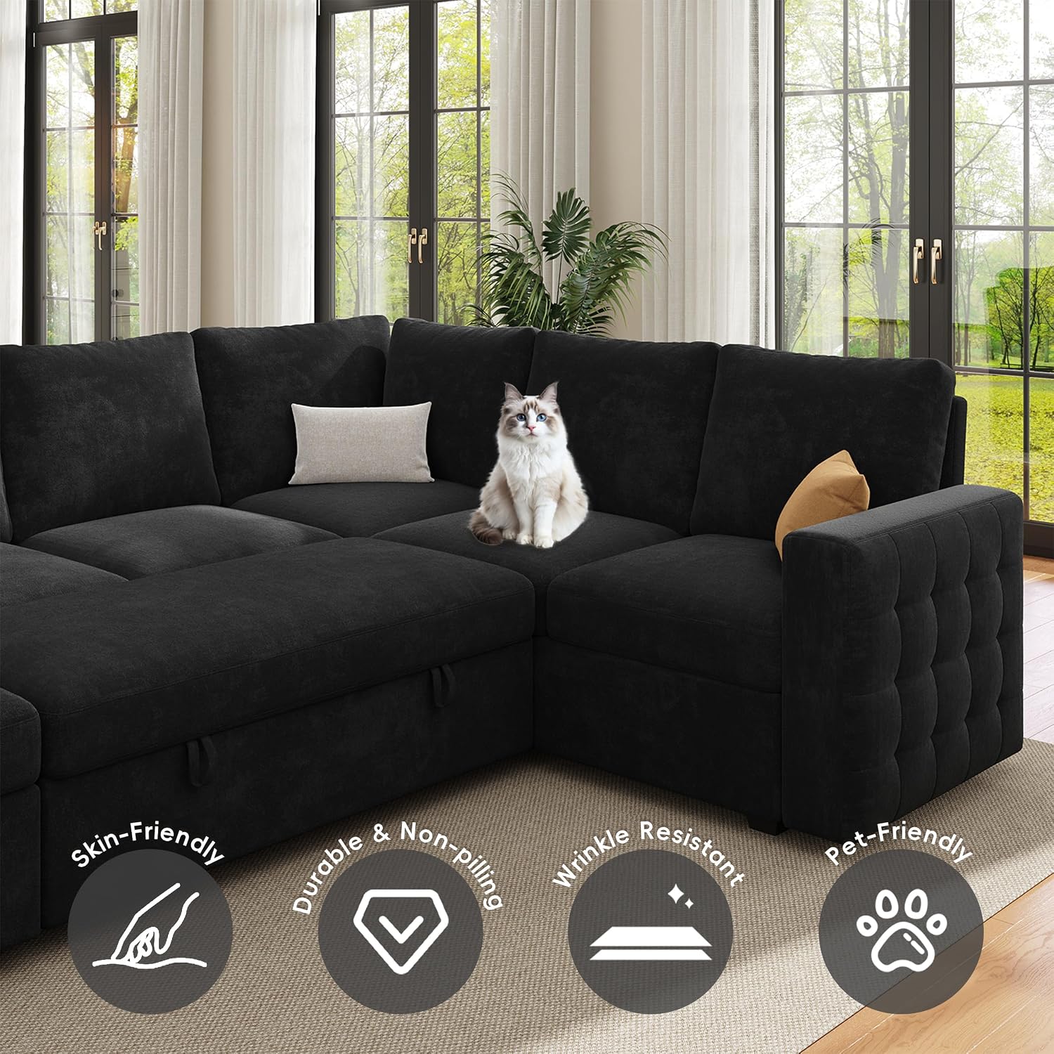 104' Sectional Sleeper Sofa Bed, Pull Out Couch with Storage, Modular Cloud Sofa with Chaise, 7 Seat U Shaped Sectional Couches for Living Room& Apartment, Convertible Sofas, Black Couch