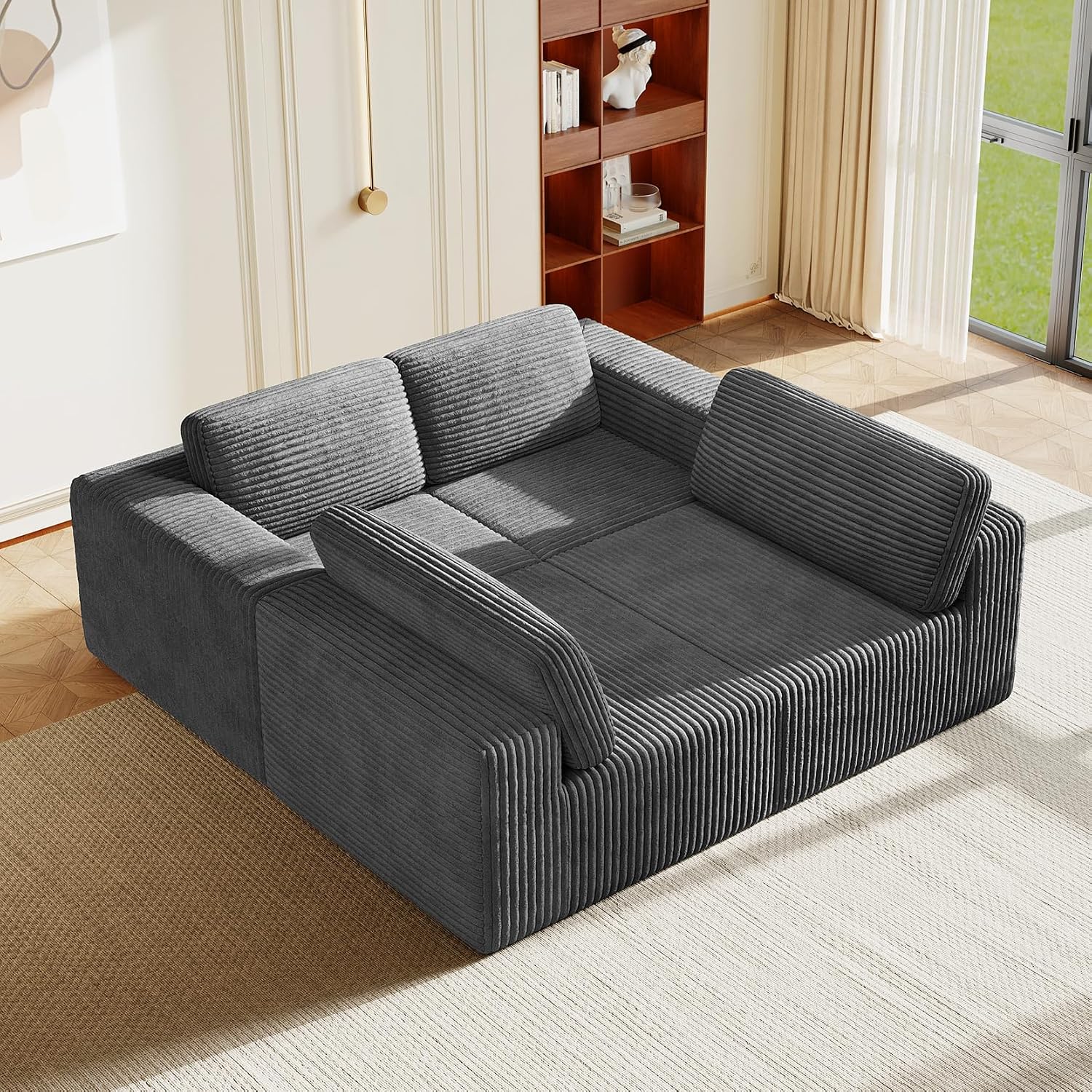 Vesgantti 159' Modular Sectional Sofa, Corduroy Cloud Couch with Extra Deep Seats & Spring Support, Flexible Layout 4-Seater Boneless Couch, No Assembly Required, Grey