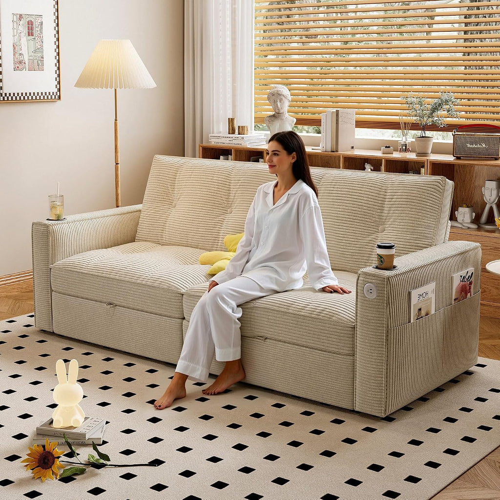 Queen Sofa Bed,Convertible Loveseat Sleeper Sofas,Couch with Pull Out Bed,Pullout Couch Bed for Small Space,Queen Sleeper Sofa Couches for Living Room,Apartment & Guest Room Beige | USB Port, Cup Holder